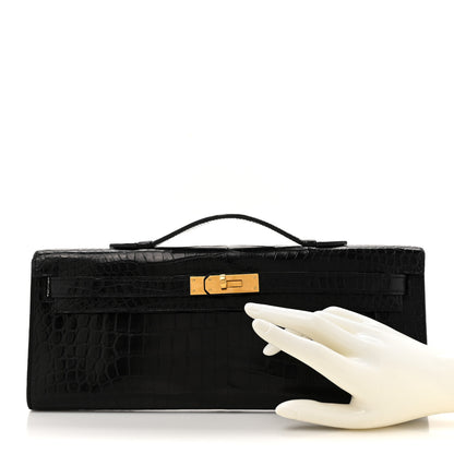 Hermes Shiny Porosus Crocodile Kelly Cut Pochette Black 2 of 10