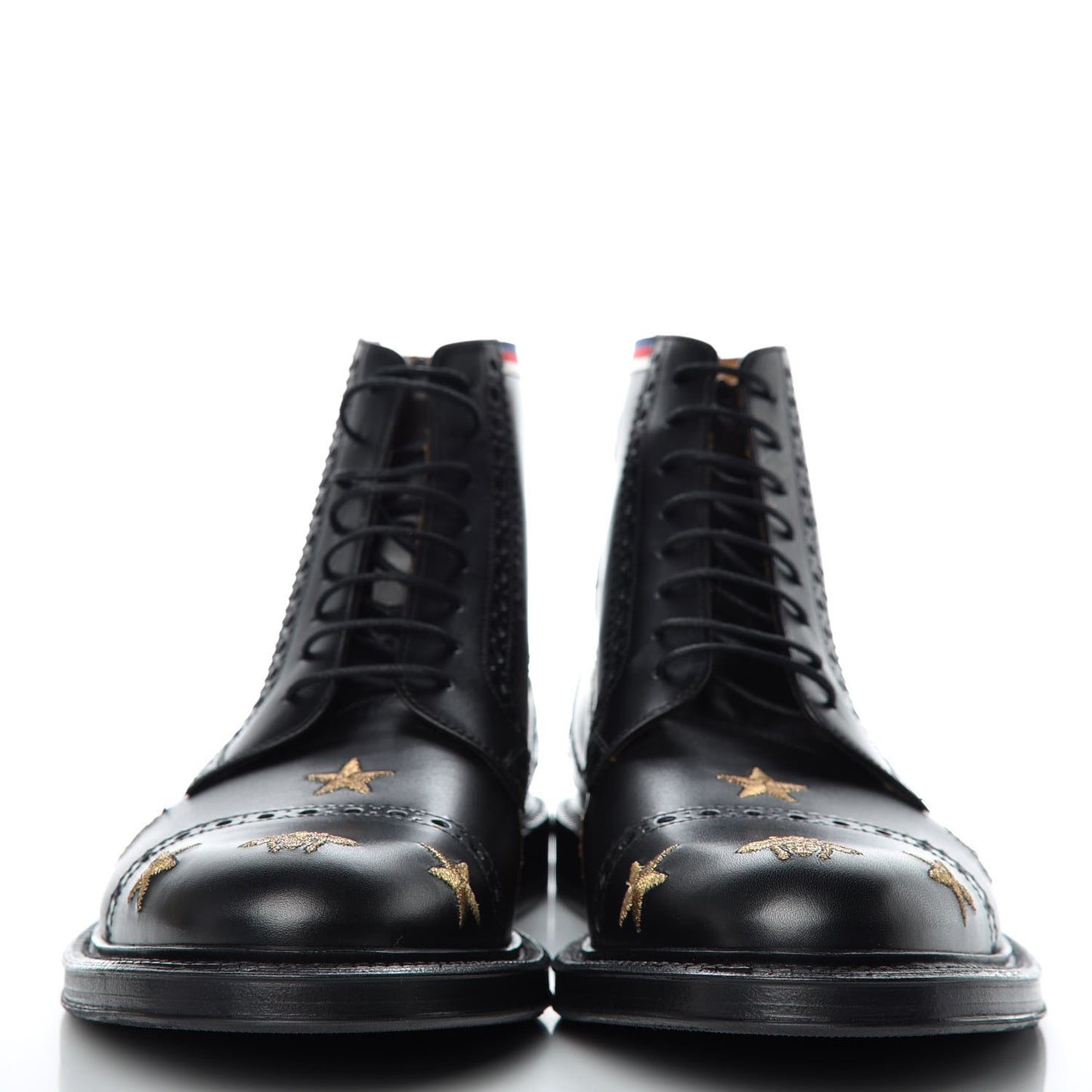 Calfskin Sylvie Web Bee Star Embroidered Mens Brogue Captoe Boots 7.5 Black