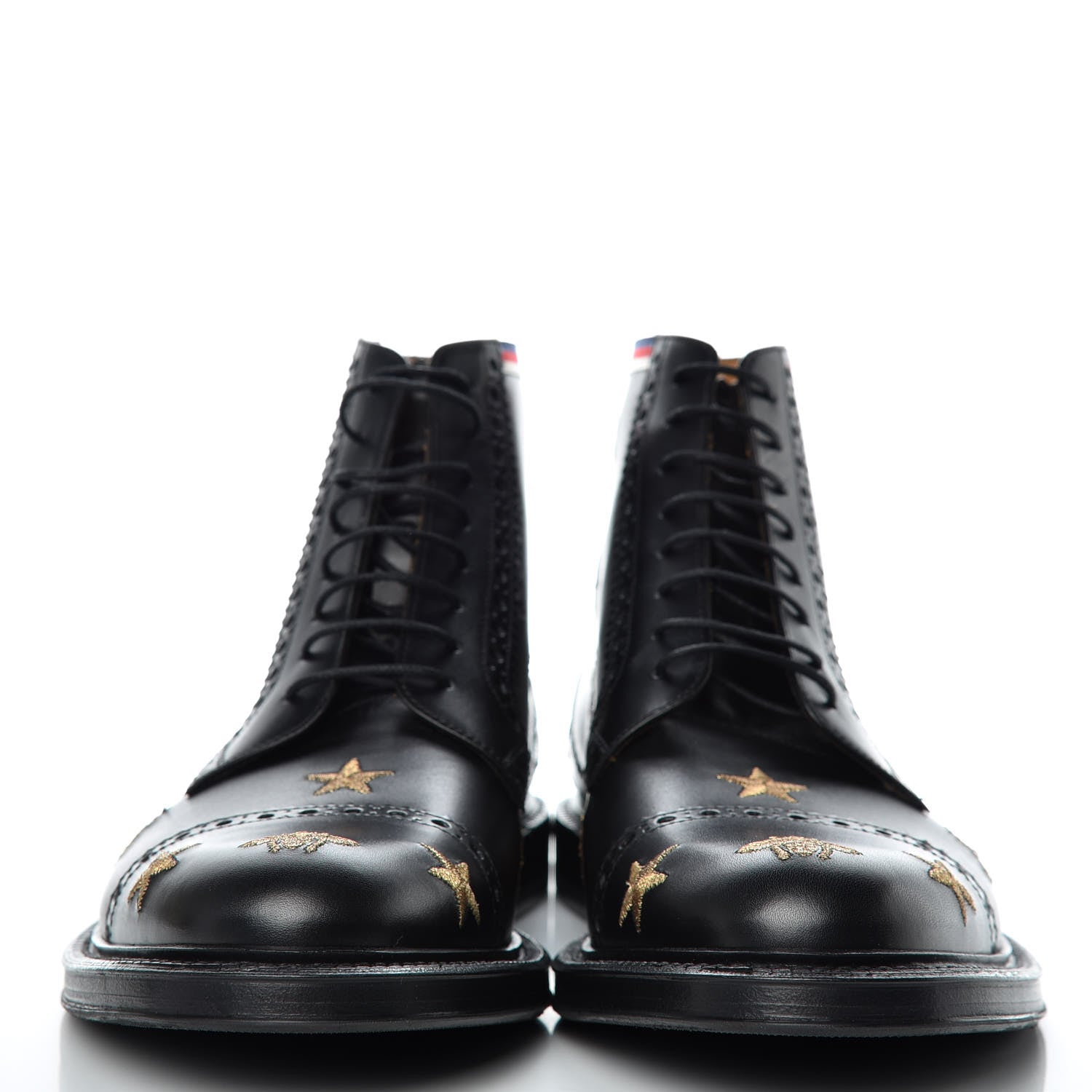 Gucci Calfskin Sylvie Web Bee Star Embroidered Mens Brogue Captoe Boots 7.5 Black 2 of 8