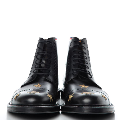 Gucci Calfskin Sylvie Web Bee Star Embroidered Mens Brogue Captoe Boots 7.5 Black 2 of 8