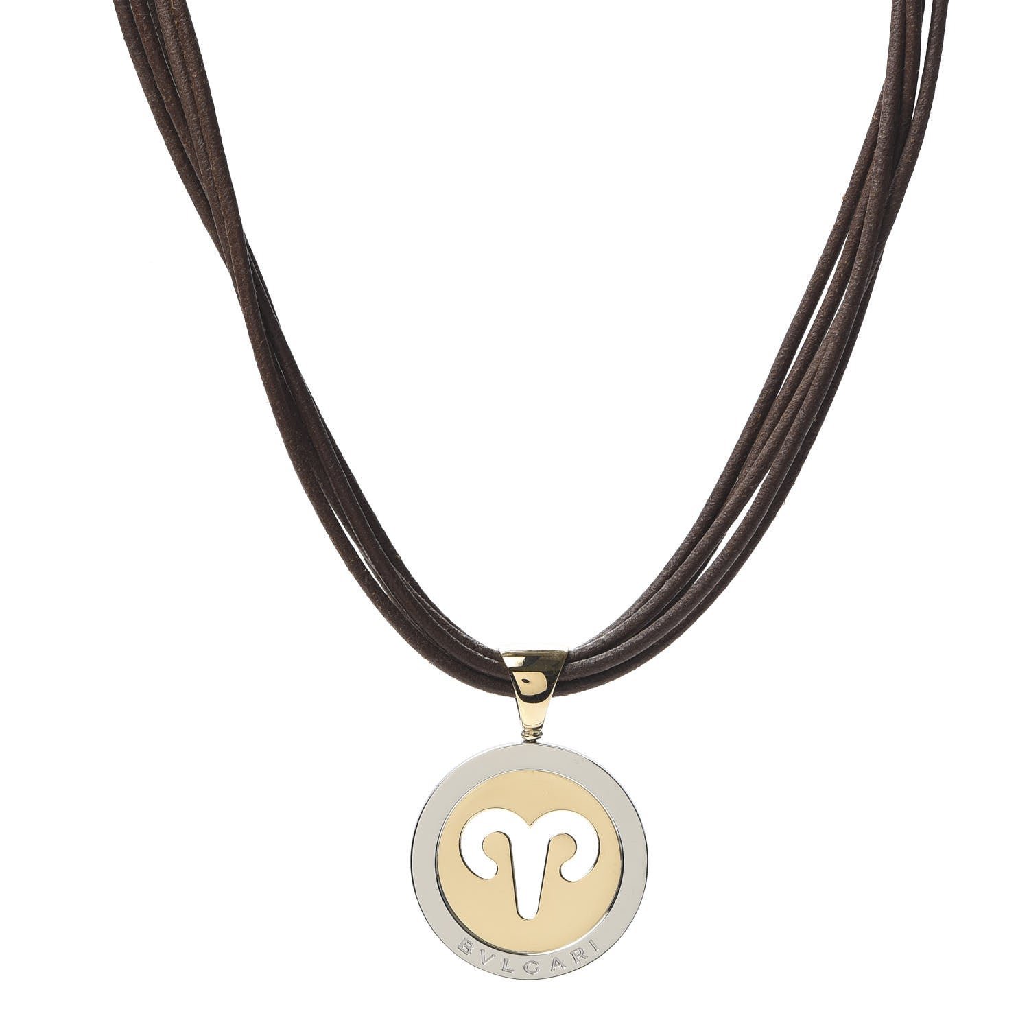 Bulgari 18K Yellow Gold Stainless Steel Leather Tondo Aries Zodiac Pendant Necklace 1 of 4