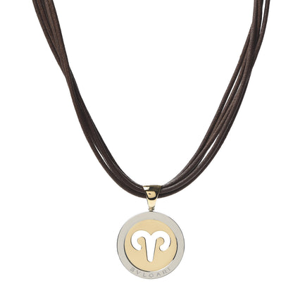 Bulgari 18K Yellow Gold Stainless Steel Leather Tondo Aries Zodiac Pendant Necklace 1 of 4