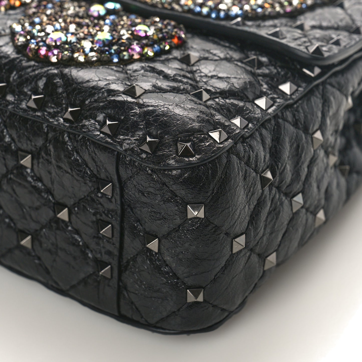 Craquele Nappa Butterfly Crystal Medium Rockstud Spike Shoulder Bag Black