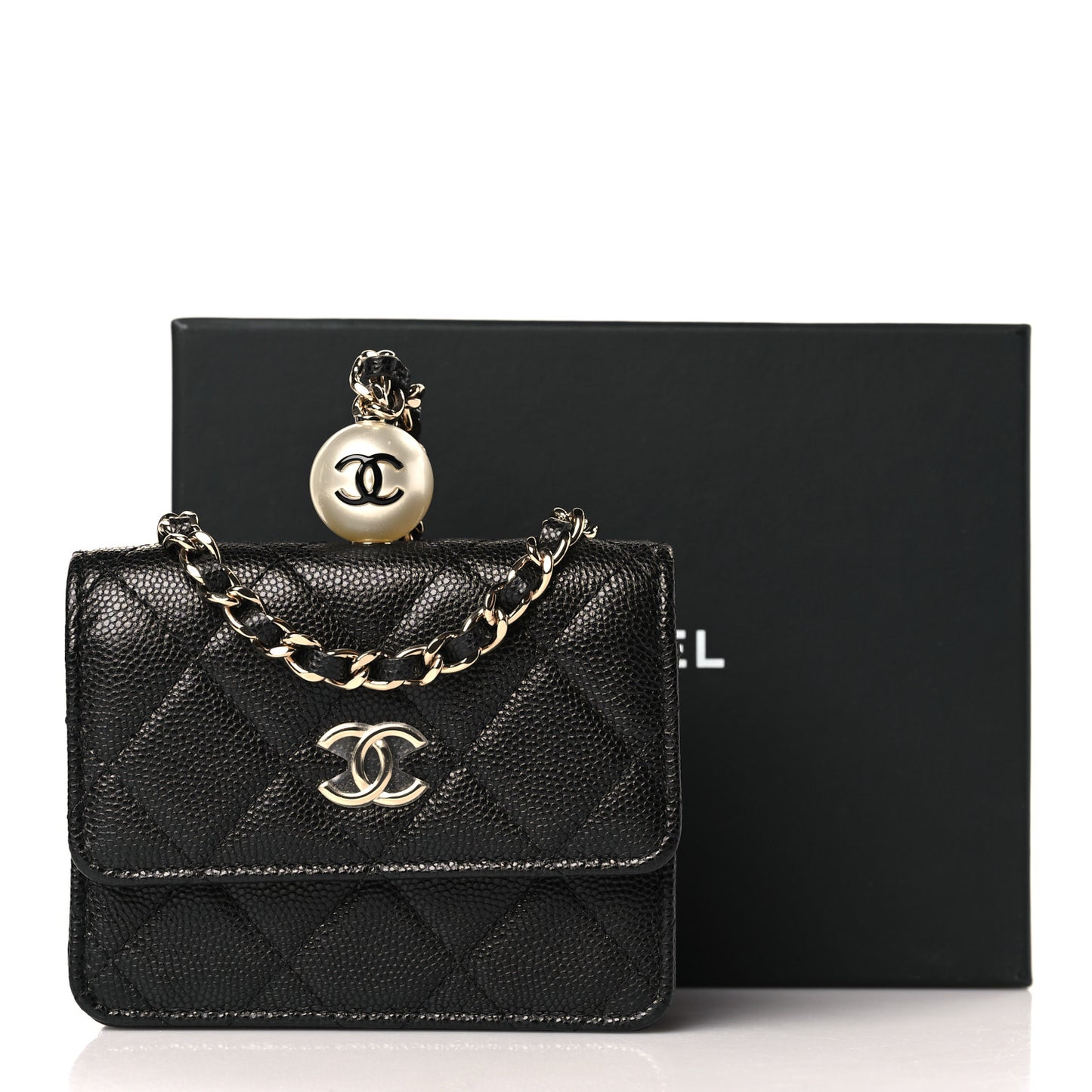 Caviar Quilted Mini Pearl On Top Coin Purse With Chain Black