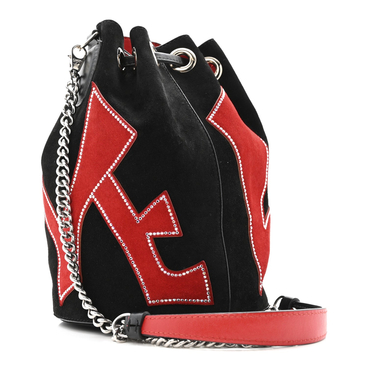 Christian Louboutin Suede Strass Love Marie Jane Bucket Black Red 3 of 12