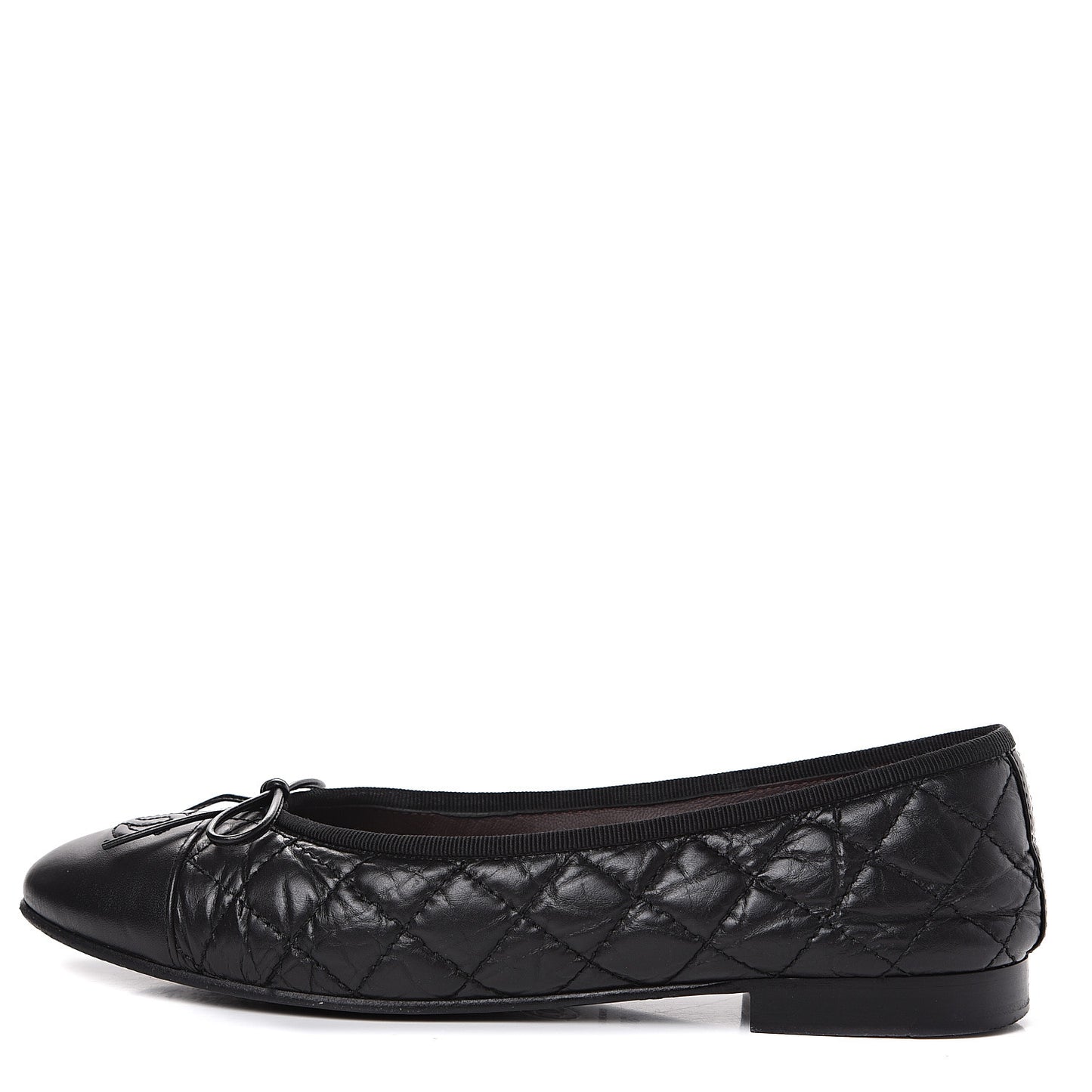 Aged Calfskin Quilted Cap Toe Ballerina Flats 38.5 Black