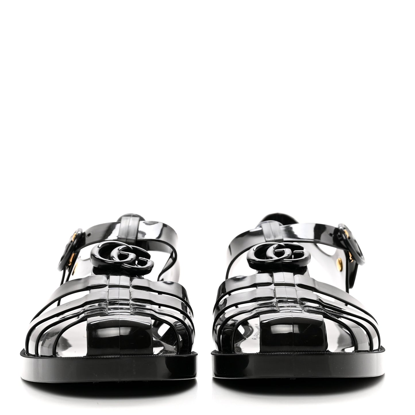Shiny Rubber Double G Buckle Strap Sandals 9 Black