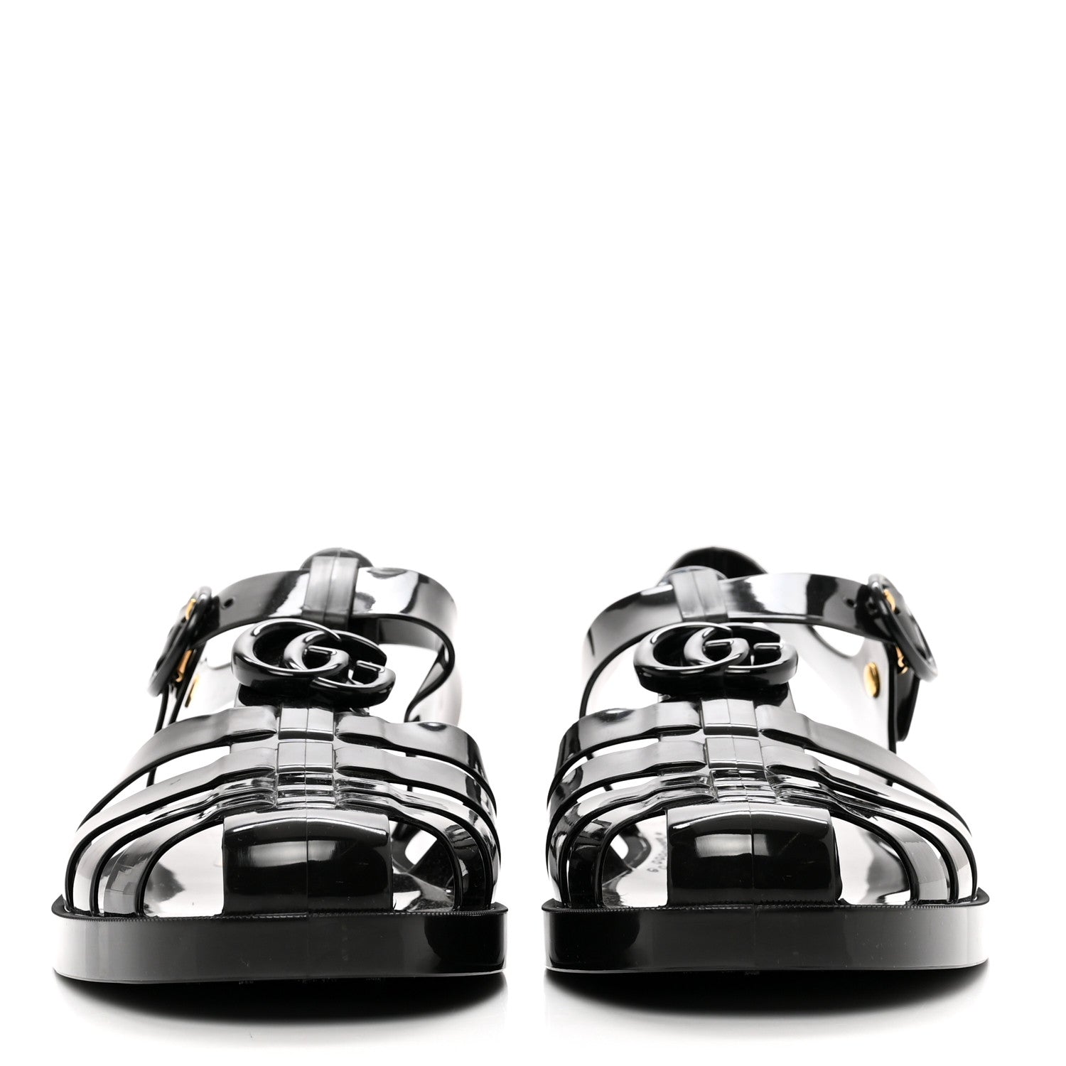 Gucci Shiny Rubber Double G Buckle Strap Sandals 9 Black 2 of 8