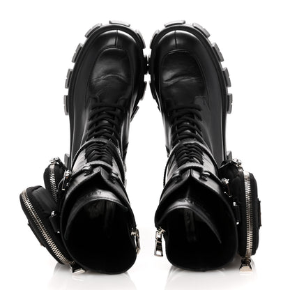 Prada Spazzolato Rois Re-Nylon Metal Triangle Logo Monolith Pouch Pocket 55mm Tall Combat Boots 38.5 Black 2 of 12