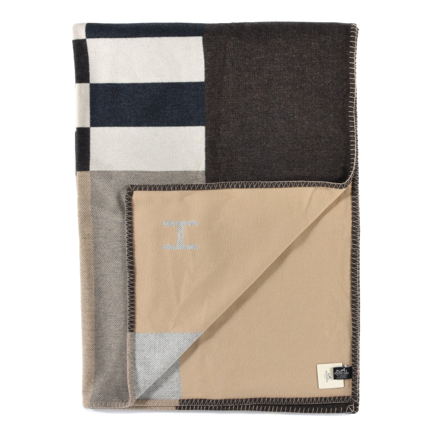 Hermes Wool Cashmere H Casaque Blanket Ecru Carbone 2 of 3