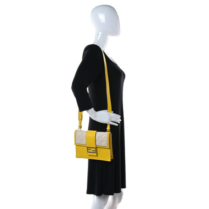 Fendi Canvas Vitello King FF Embroidered Medium Flat Baguette Grezzo Limone 2 of 11