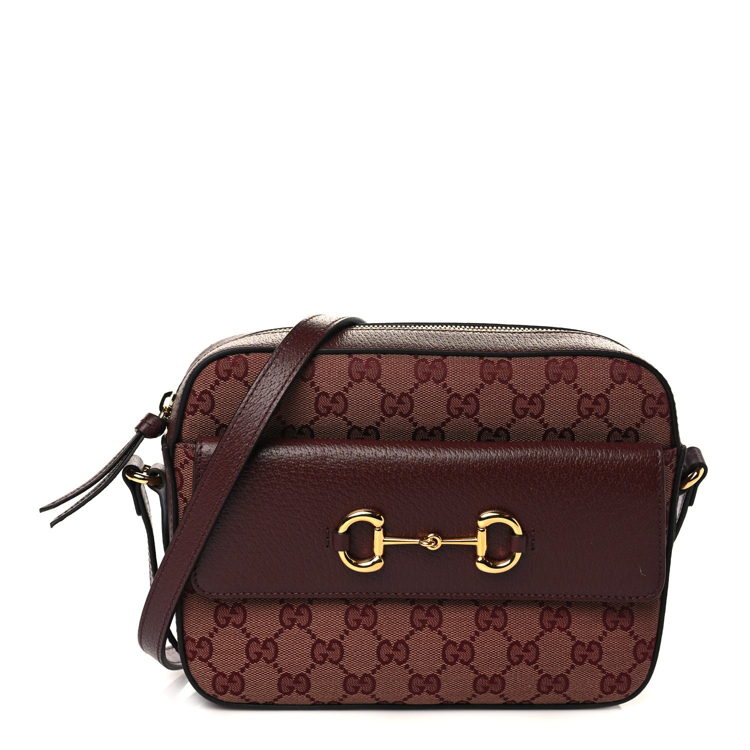 Gucci Monogram Textured Dollar Calfskin Small Horsebit 1955 Shoulder Bag Sahara Rubino Chardonnay 1 of 7