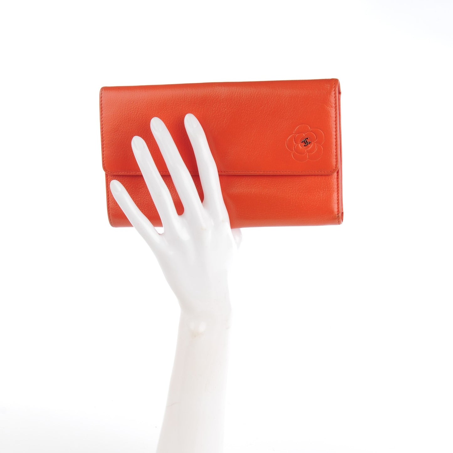 Goatskin Camellia Embossed Flap Wallet Coral