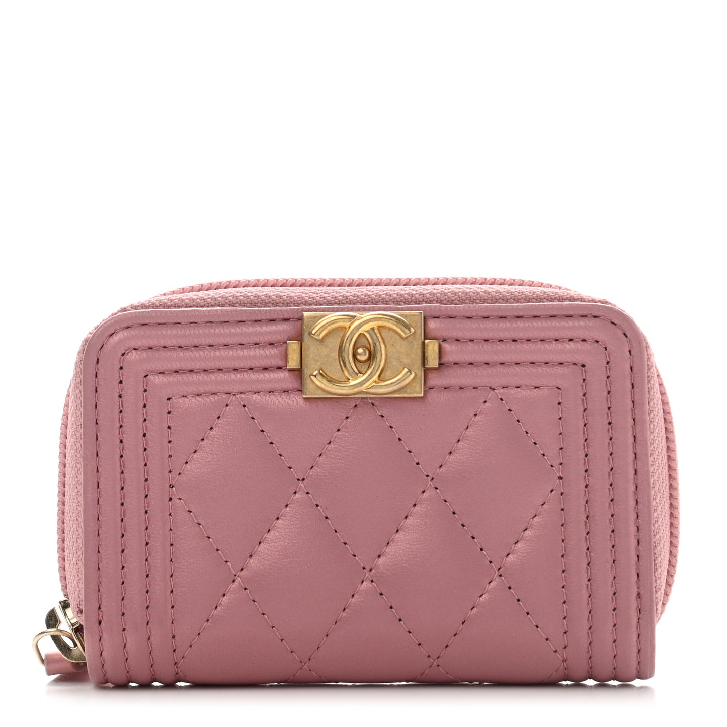 Metallic Lambskin Quilted Boy Zip Around Coin Purse Wallet Pink