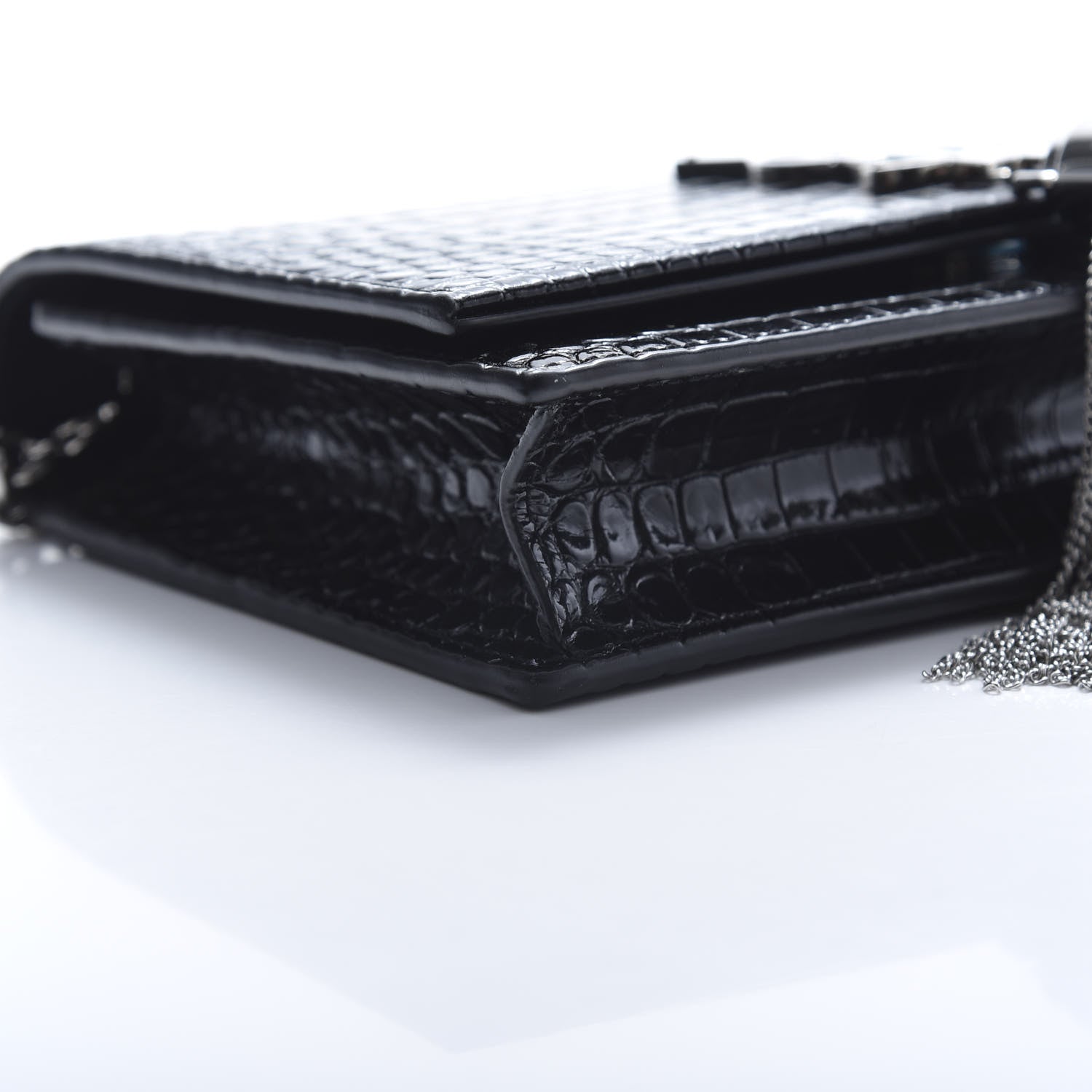Saint Laurent Calfskin Crocodile Embossed Kate Monogram Tassel Chain Wallet Black 10 of 12