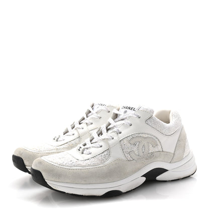 Chanel Painted Iridescent Cotton Tweed Suede Womens CC Sneakers 41 White Silver Multicolor 4 of 10