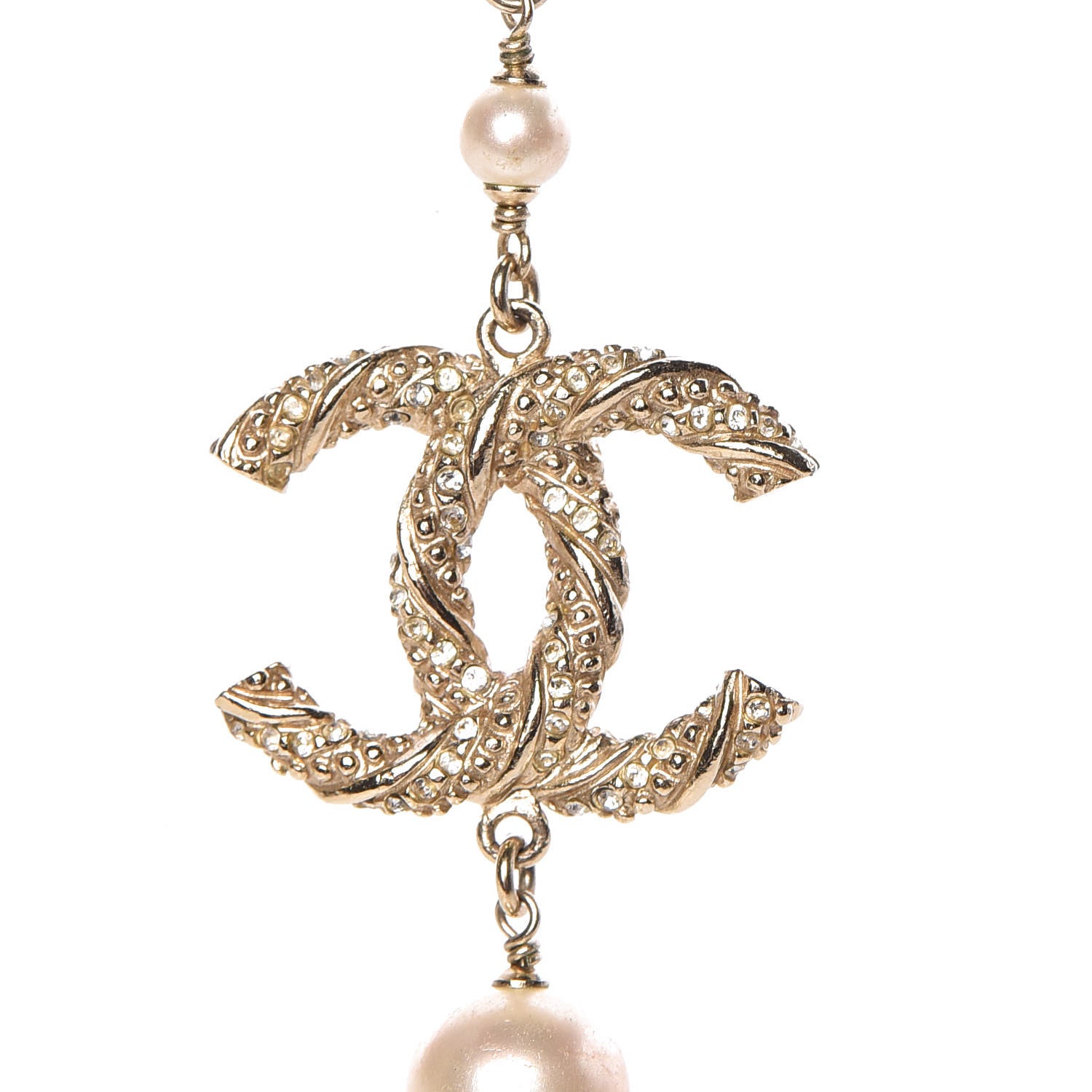 Chanel Graduated Pearl Crystal Twisted CC Long Necklace Gold 4 of 5