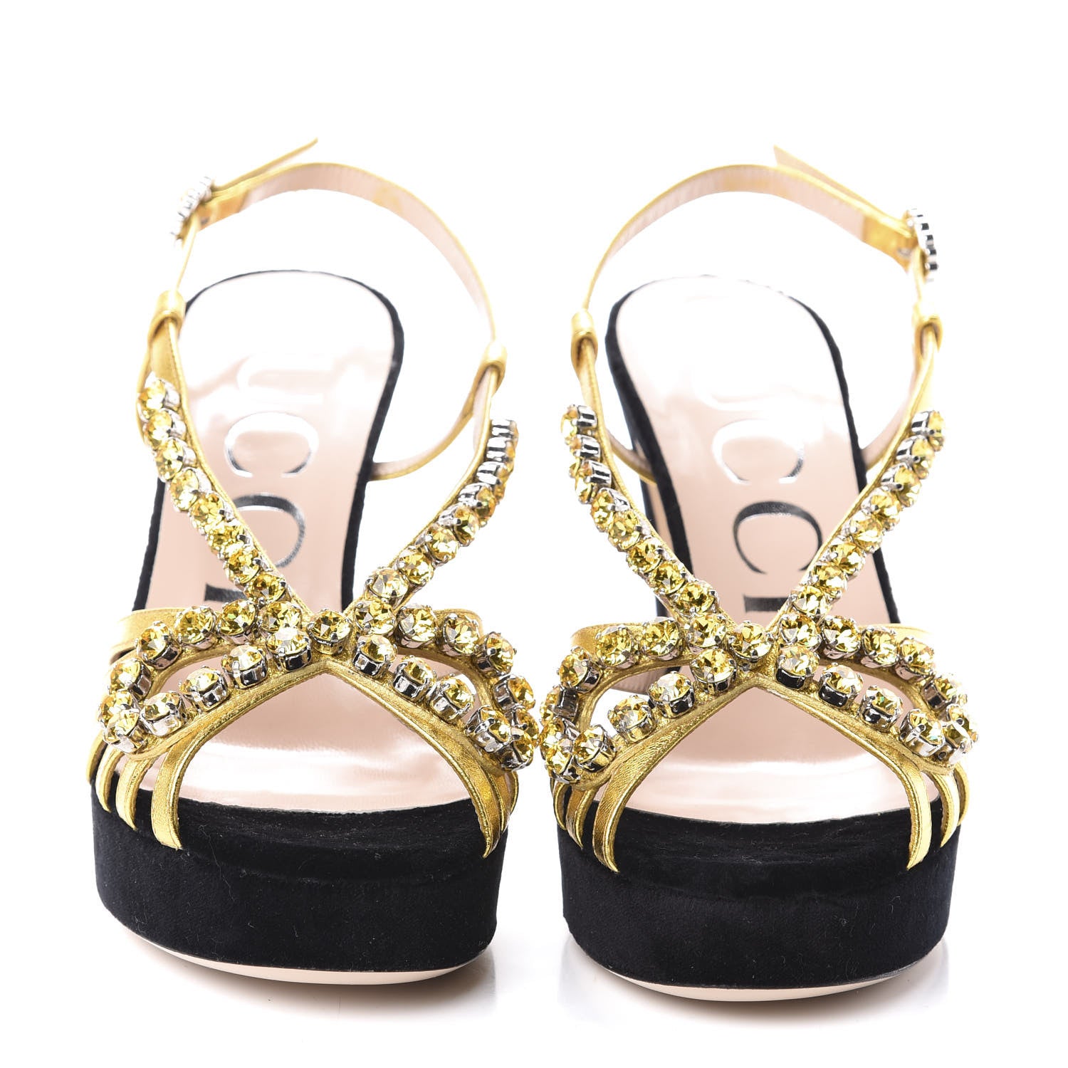 Gucci Velvet Crystal Platform Sandals 36 Black Gold 2 of 7