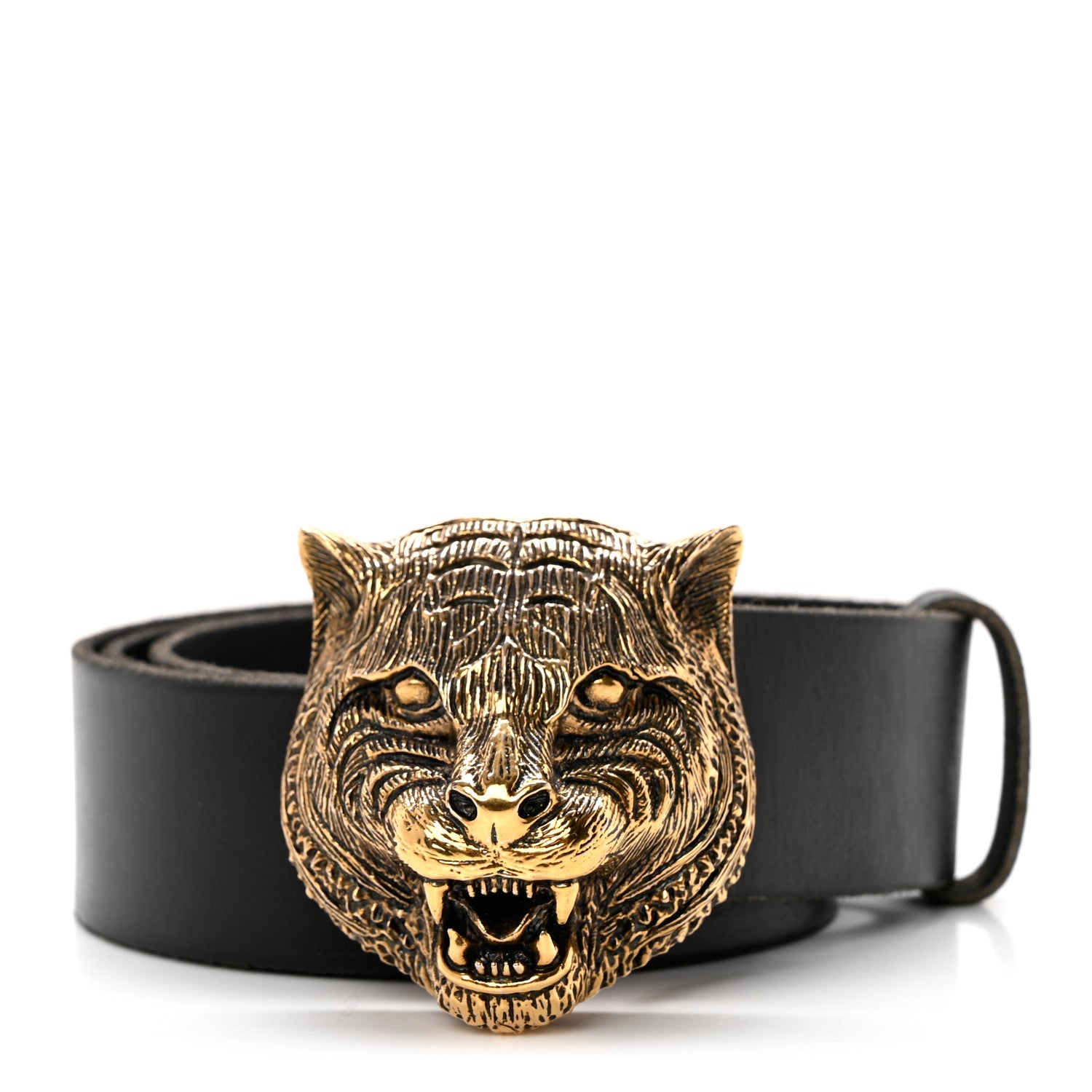 Gucci Calfskin Brass Feline Buckle Belt 95 38 Black 1 of 5