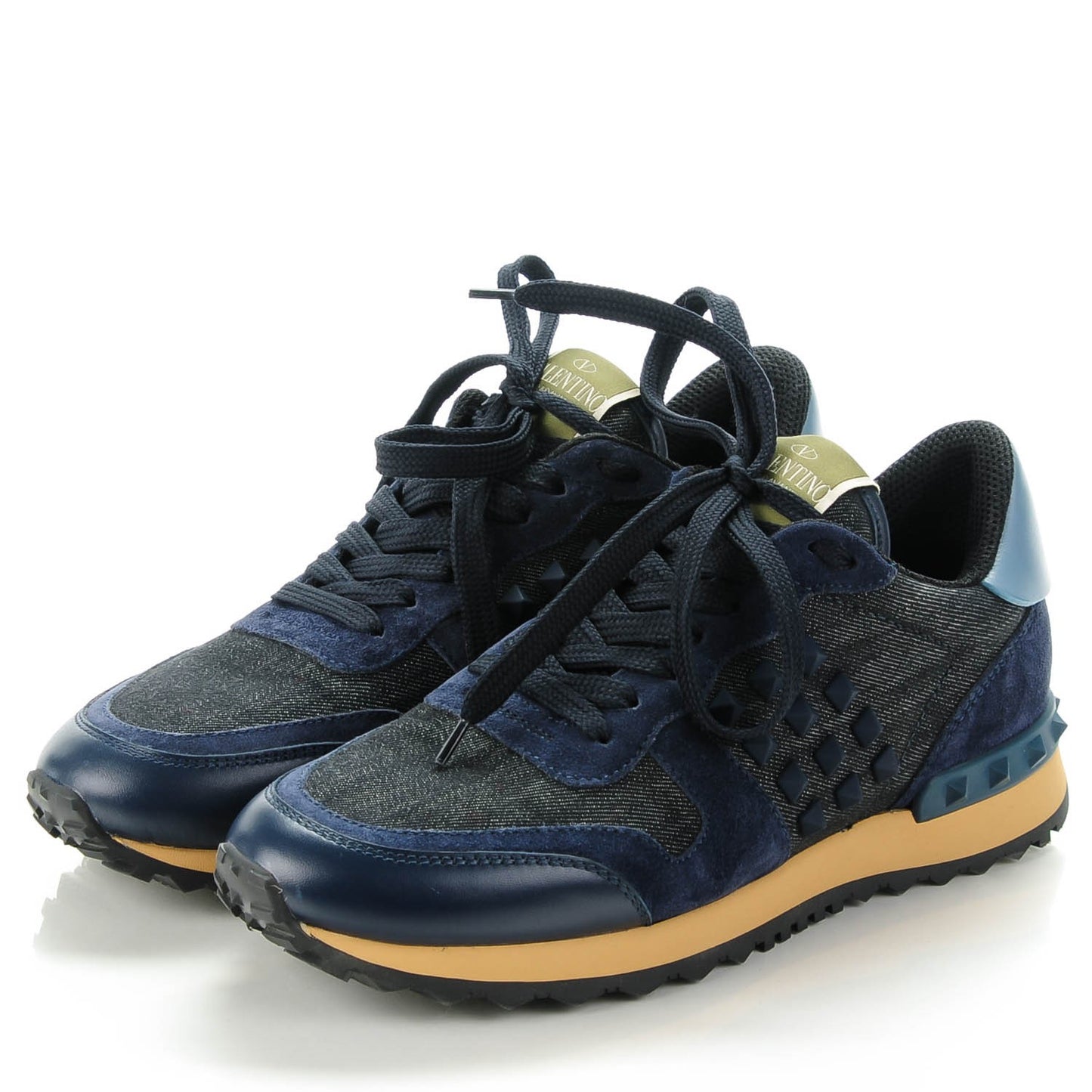 Denim Calfskin Suede Rockstud Sneakers 37 Deep Denim
