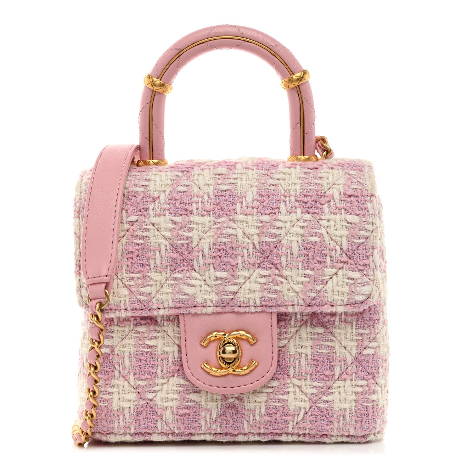 Chanel Tweed Handle Crush Top Handle Flap Bag Pink Ecru 1 of 10