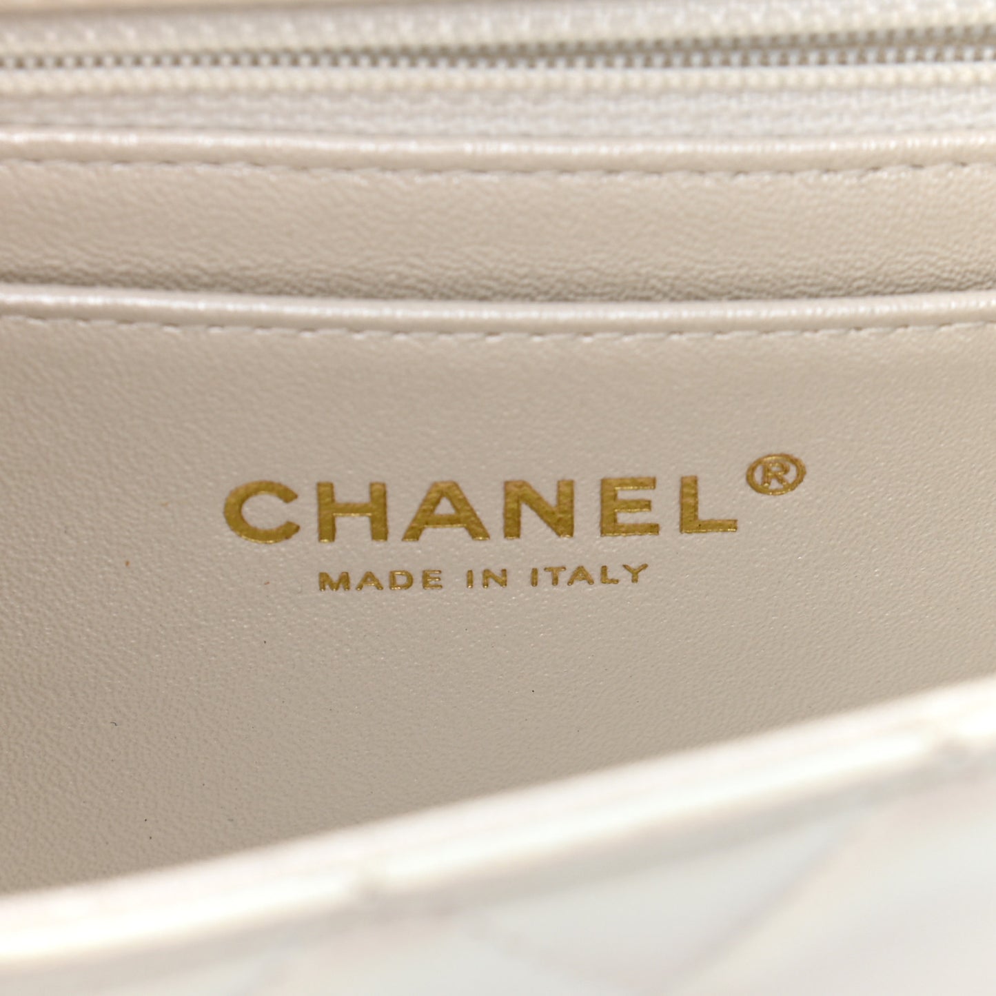 Iridescent Calfskin Quilted Mini Rectangular Flap White