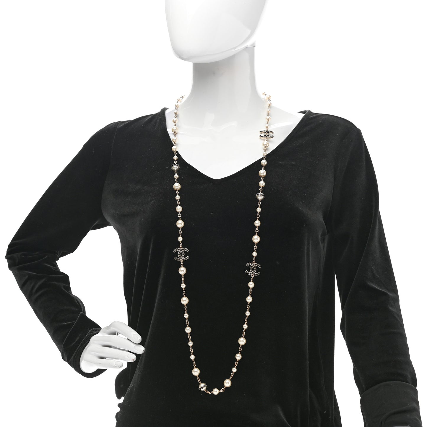 Pearl Crystal CC Long Necklace Black Gold