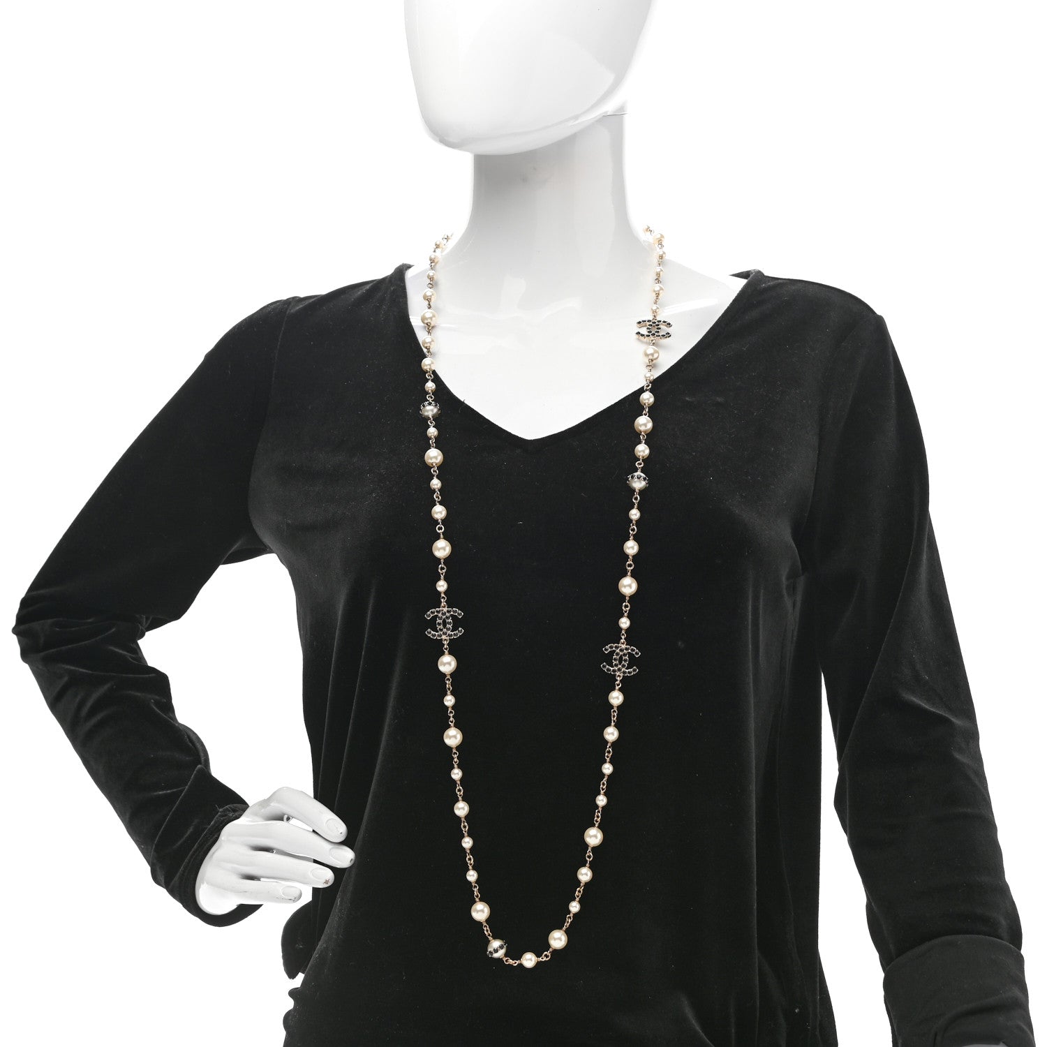 Chanel Pearl Crystal CC Long Necklace Black Gold 2 of 8