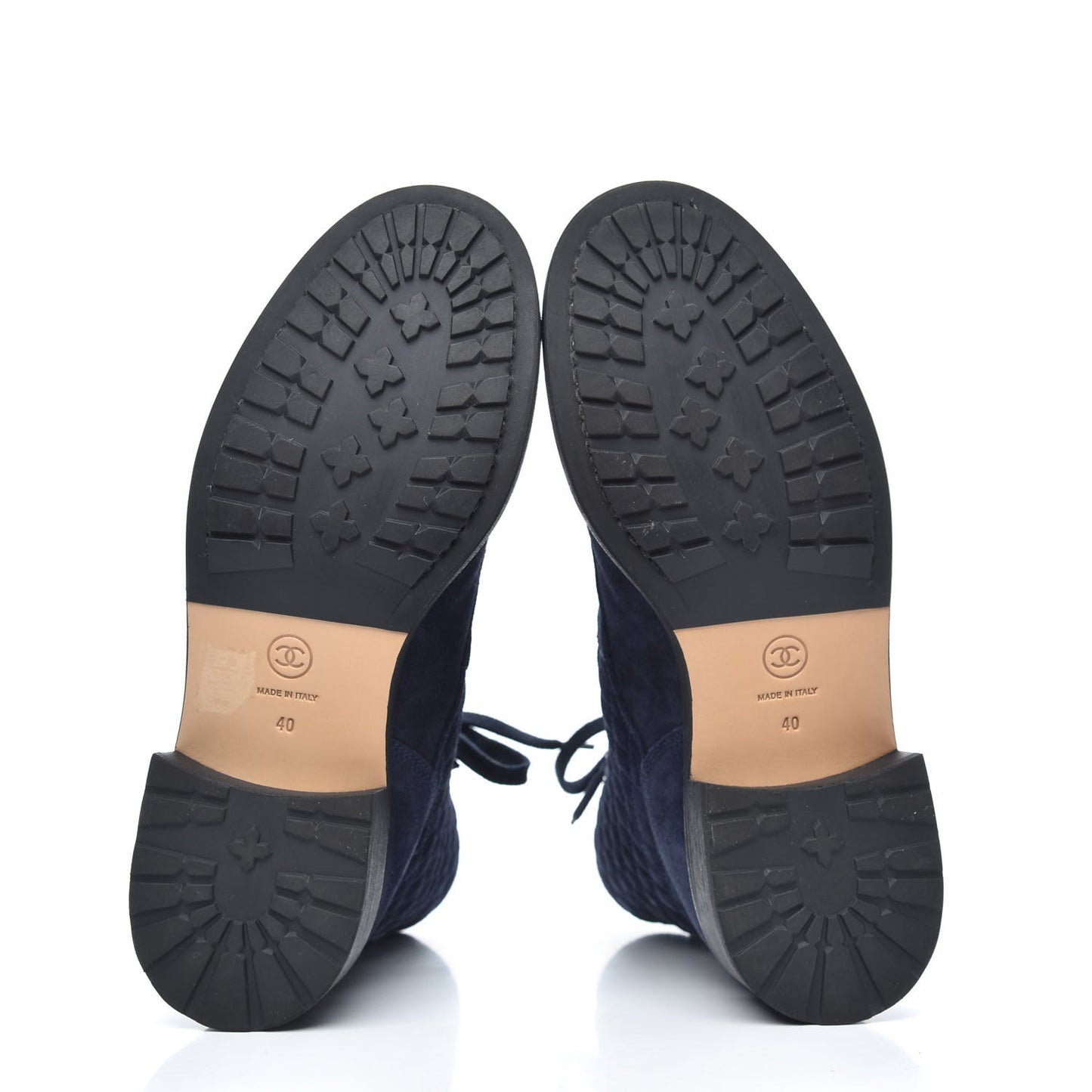 Suede Calfskin Quilted Lace Up Boots 40 Navy