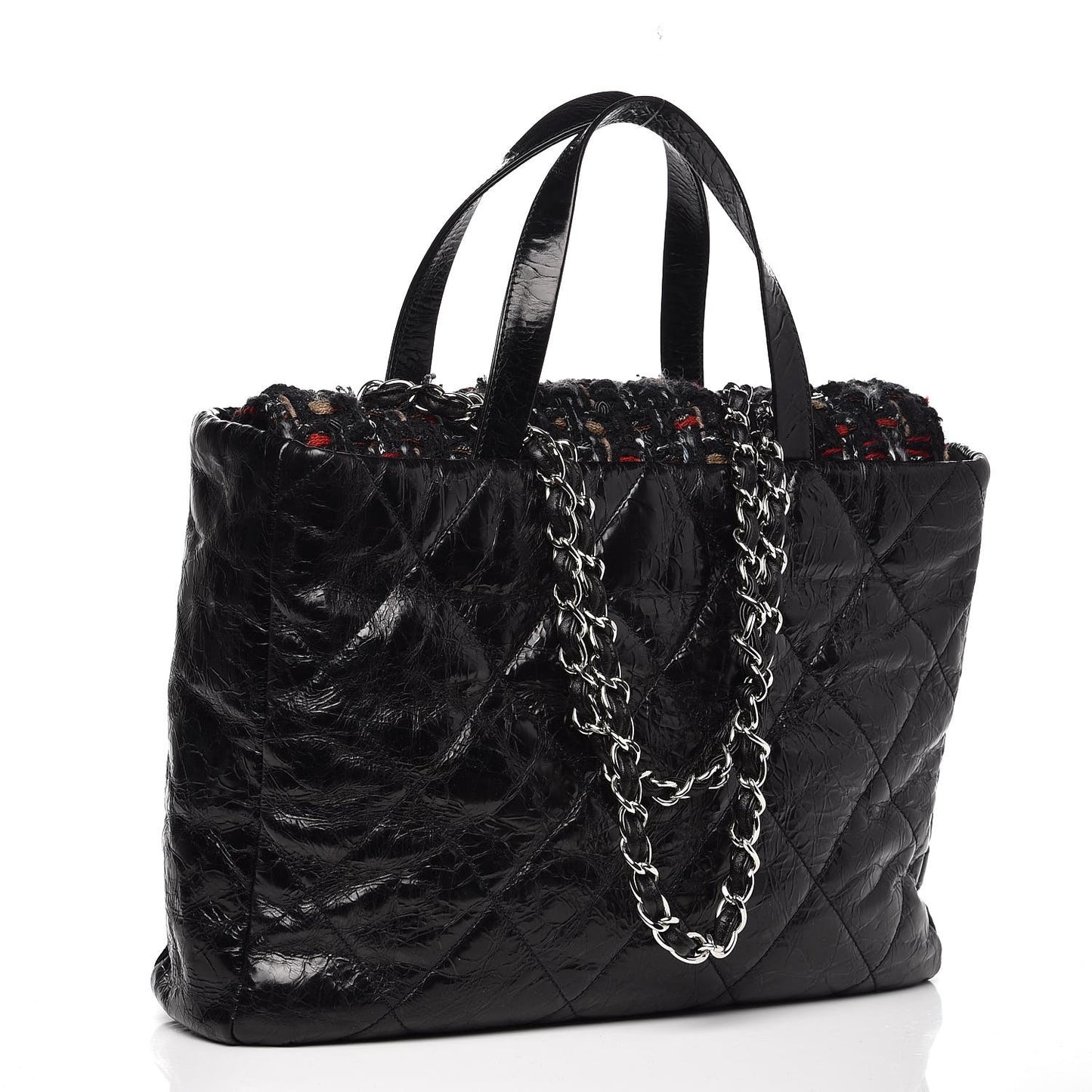 Glazed Calfskin Quilted Tweed Portobello Tote Black Red