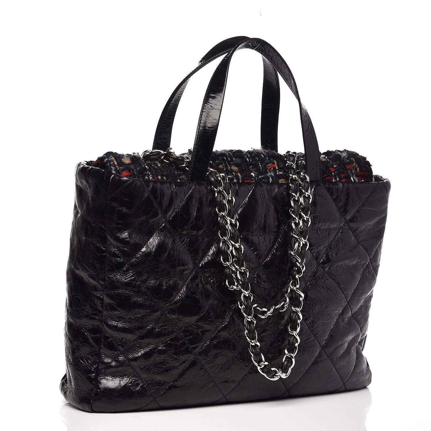 Chanel Glazed Calfskin Quilted Tweed Portobello Tote Black Red 3 of 8