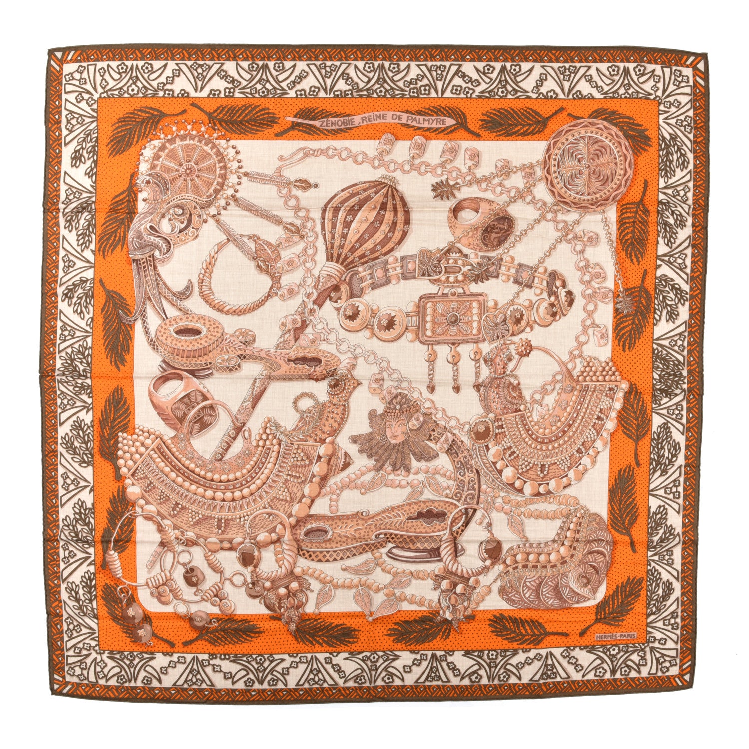 Hermes Cashmere Silk Zénobie Reine De Palmyre 140 Natural Terracotta Vert 1 of 4