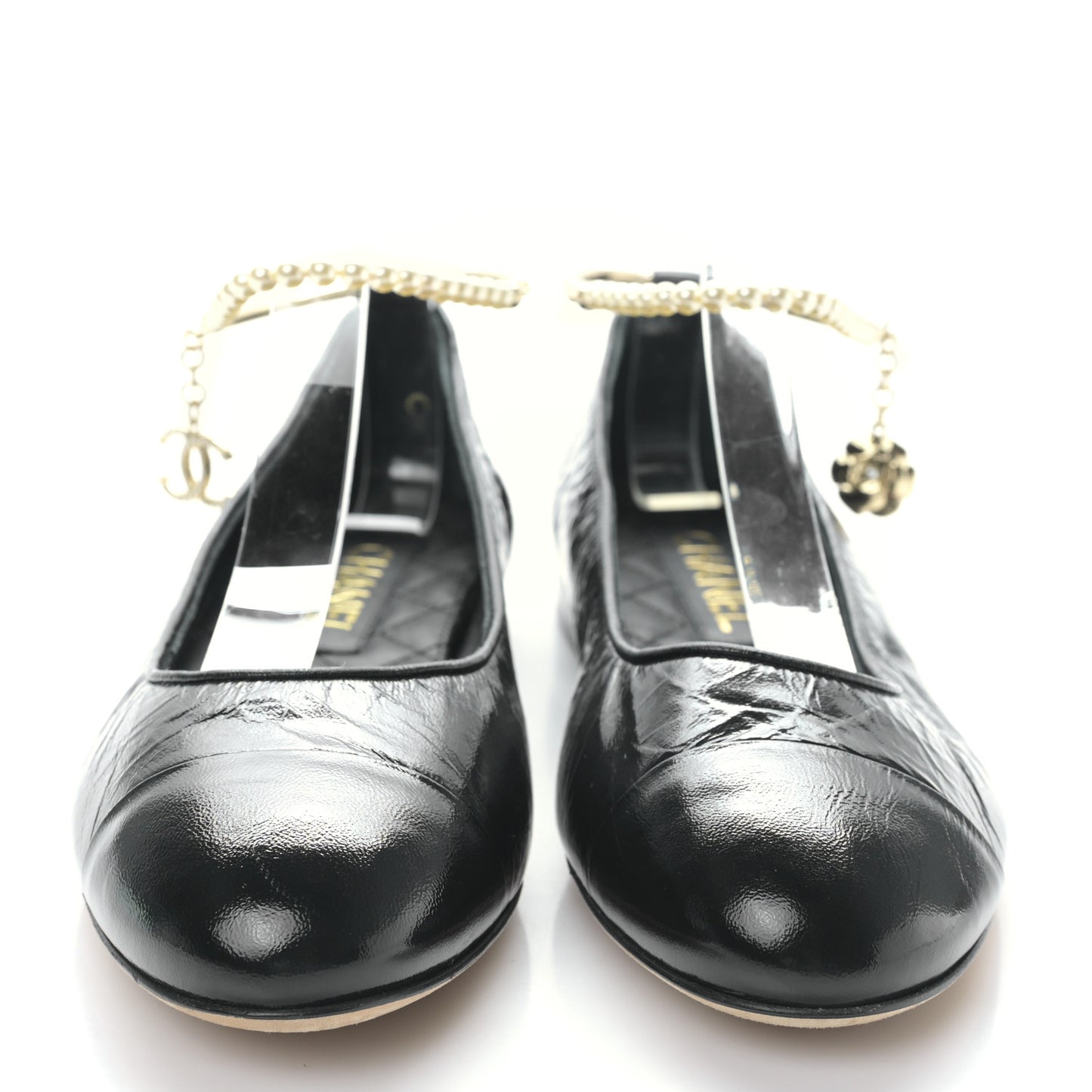 Lambskin Patent Calfskin Cap Toe Ankle Chain Ballerina Flats 38 Black