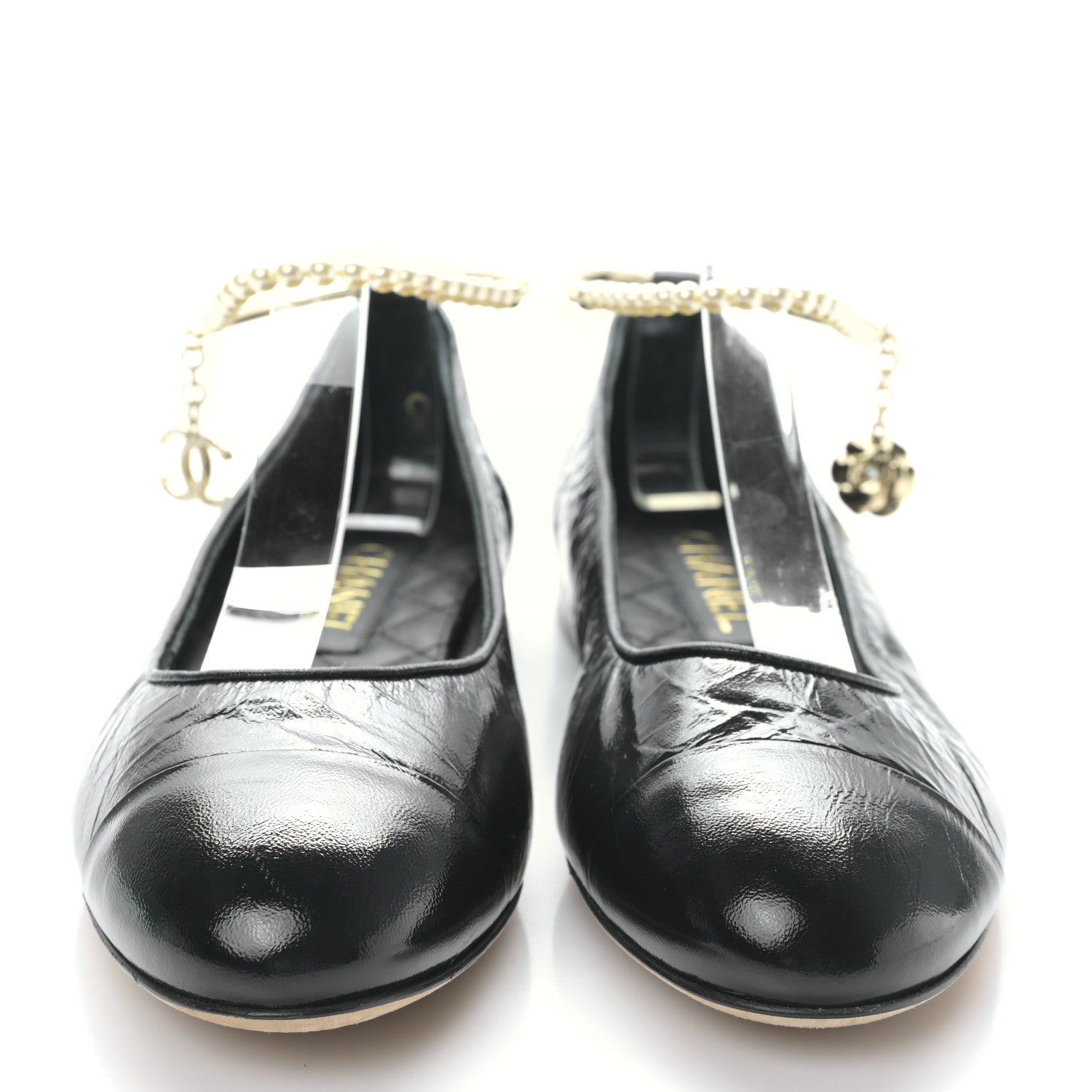 Chanel Lambskin Patent Calfskin Cap Toe Ankle Chain Ballerina Flats 38 Black 2 of 8