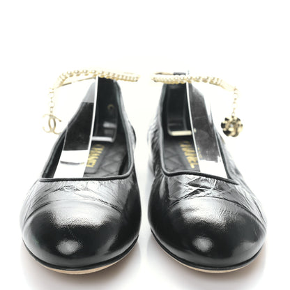 Chanel Lambskin Patent Calfskin Cap Toe Ankle Chain Ballerina Flats 38 Black 2 of 8