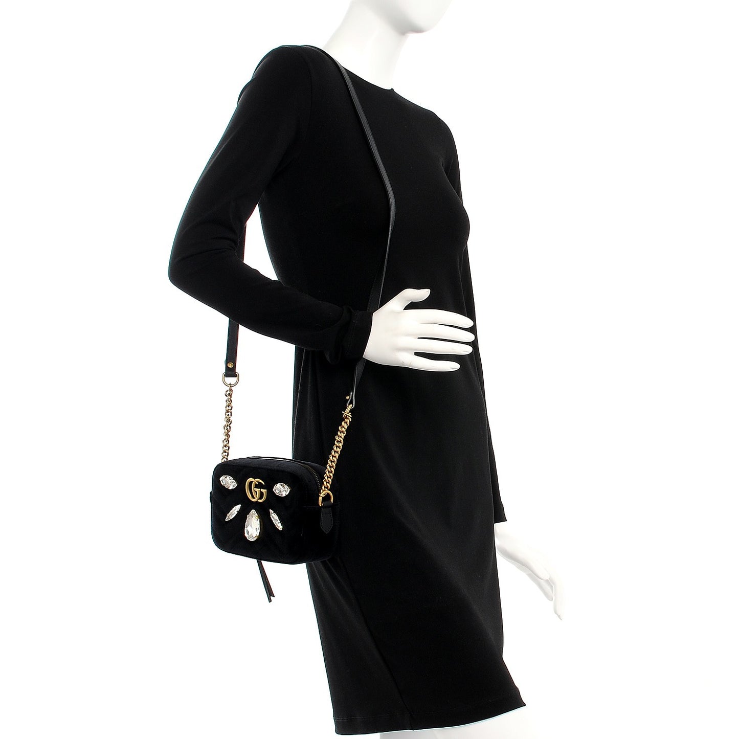 Velvet Matelasse Marquise Crystals Mini GG Marmont Chain Shoulder Bag Black