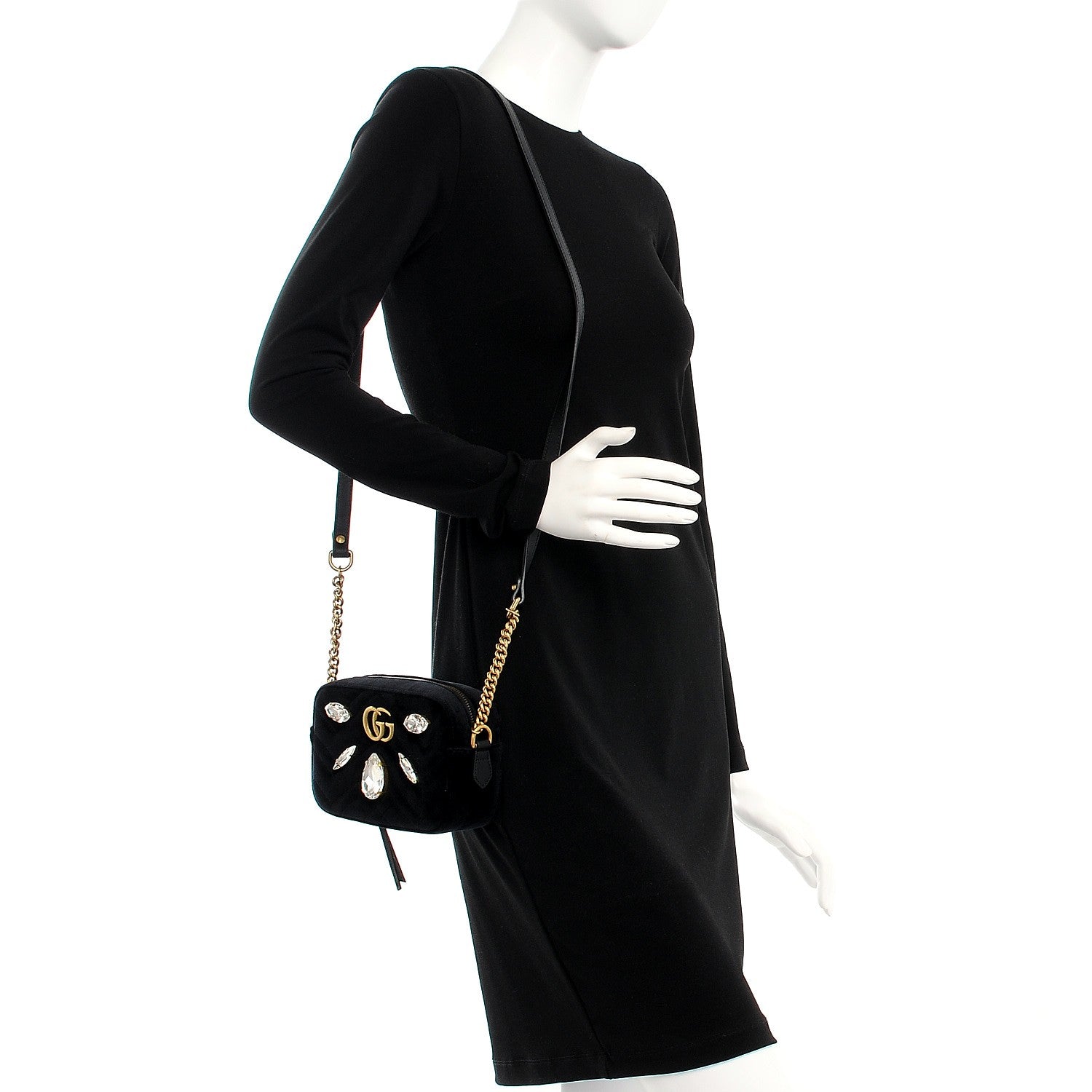Gucci Velvet Matelasse Marquise Crystals Mini GG Marmont Chain Shoulder Bag Black 2 of 7