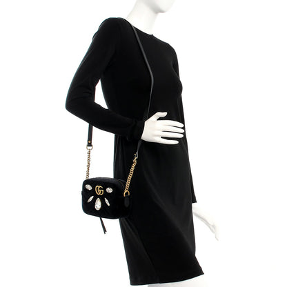 Gucci Velvet Matelasse Marquise Crystals Mini GG Marmont Chain Shoulder Bag Black 2 of 7
