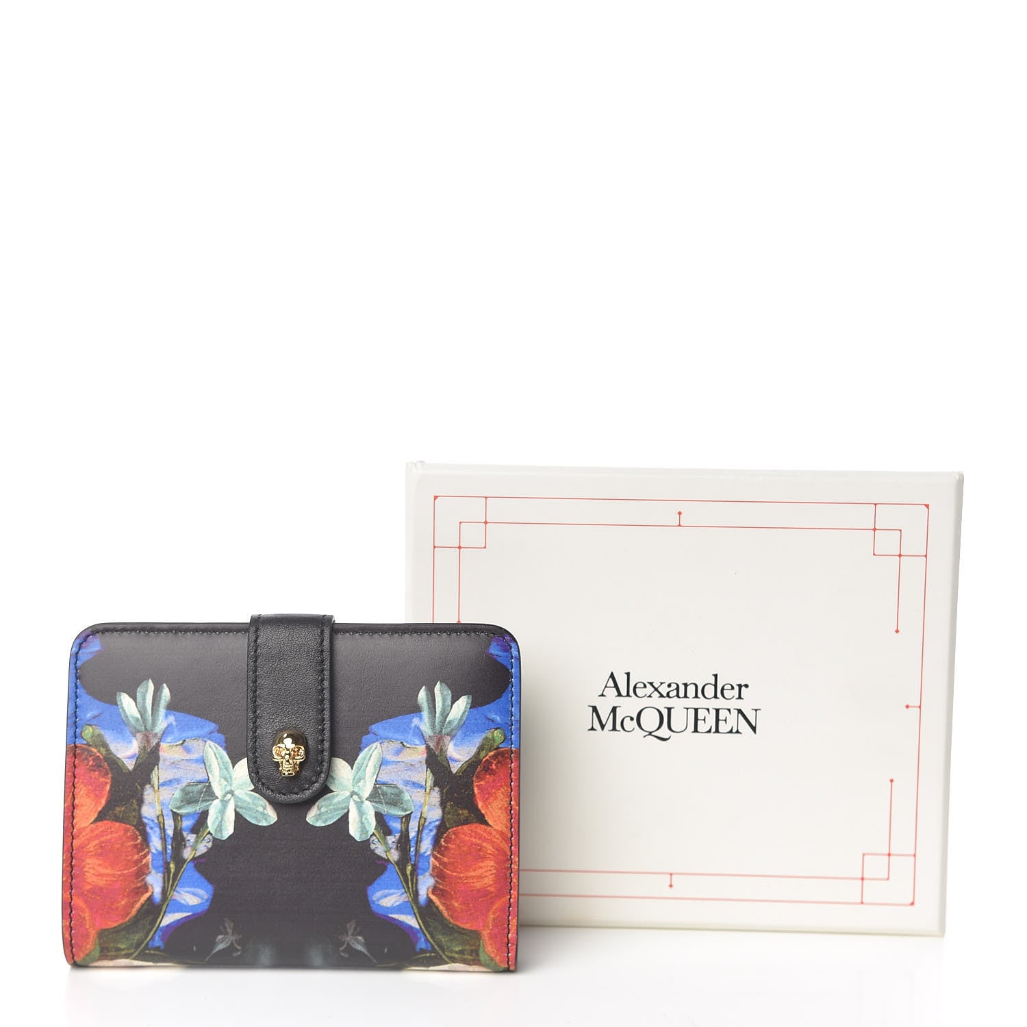 Alexander McQueen Calfskin Floral Print Skull French Wallet Black 8 of 8