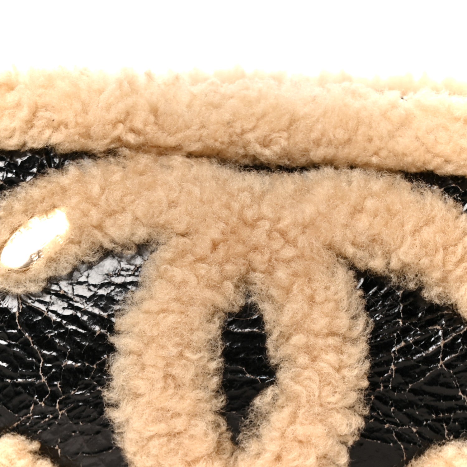 Chanel Shiny Crumpled Sheepskin Shearling Waist Bag Black Beige 7 of 9