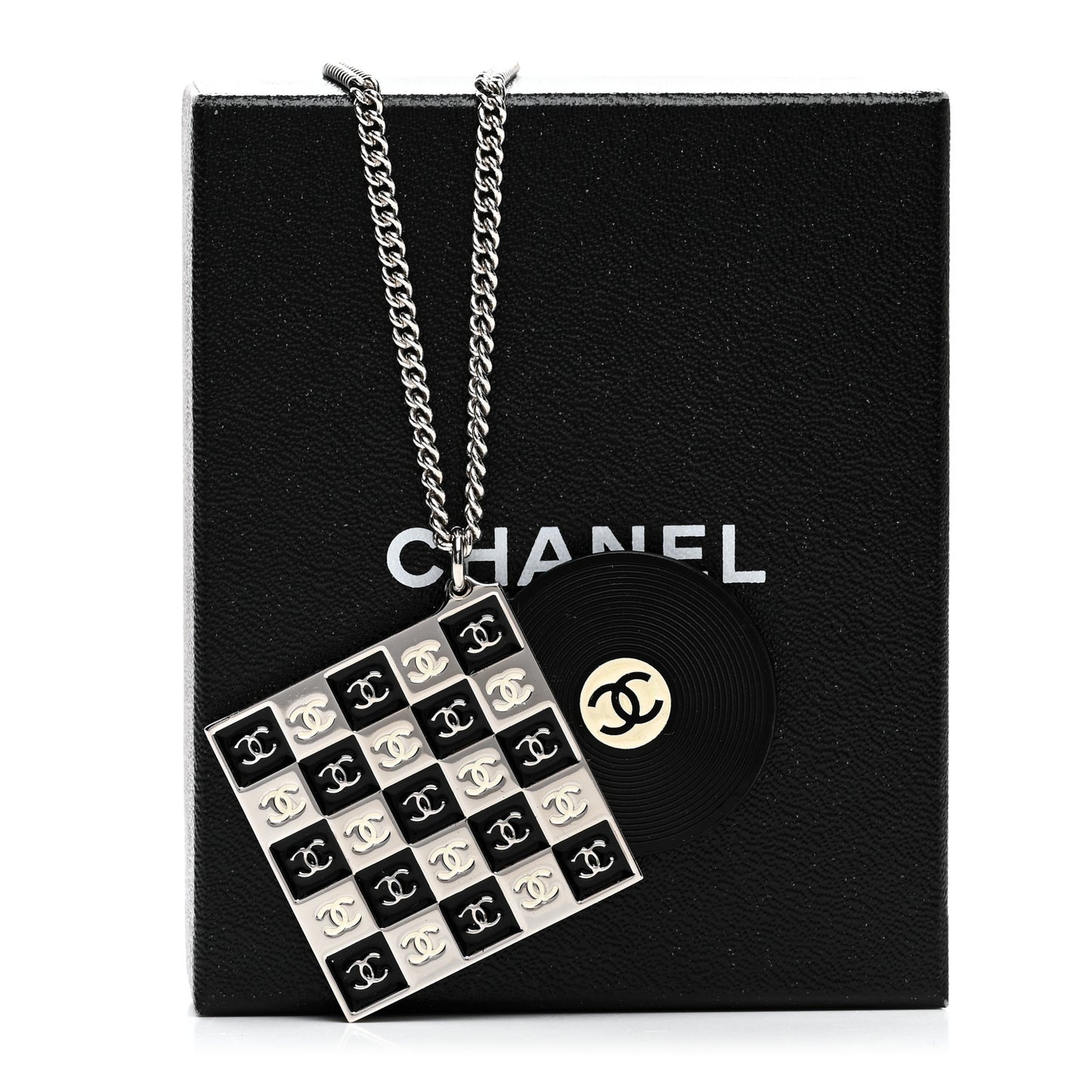 Metal Resin CC Vinyl Record Player Necklace Black White