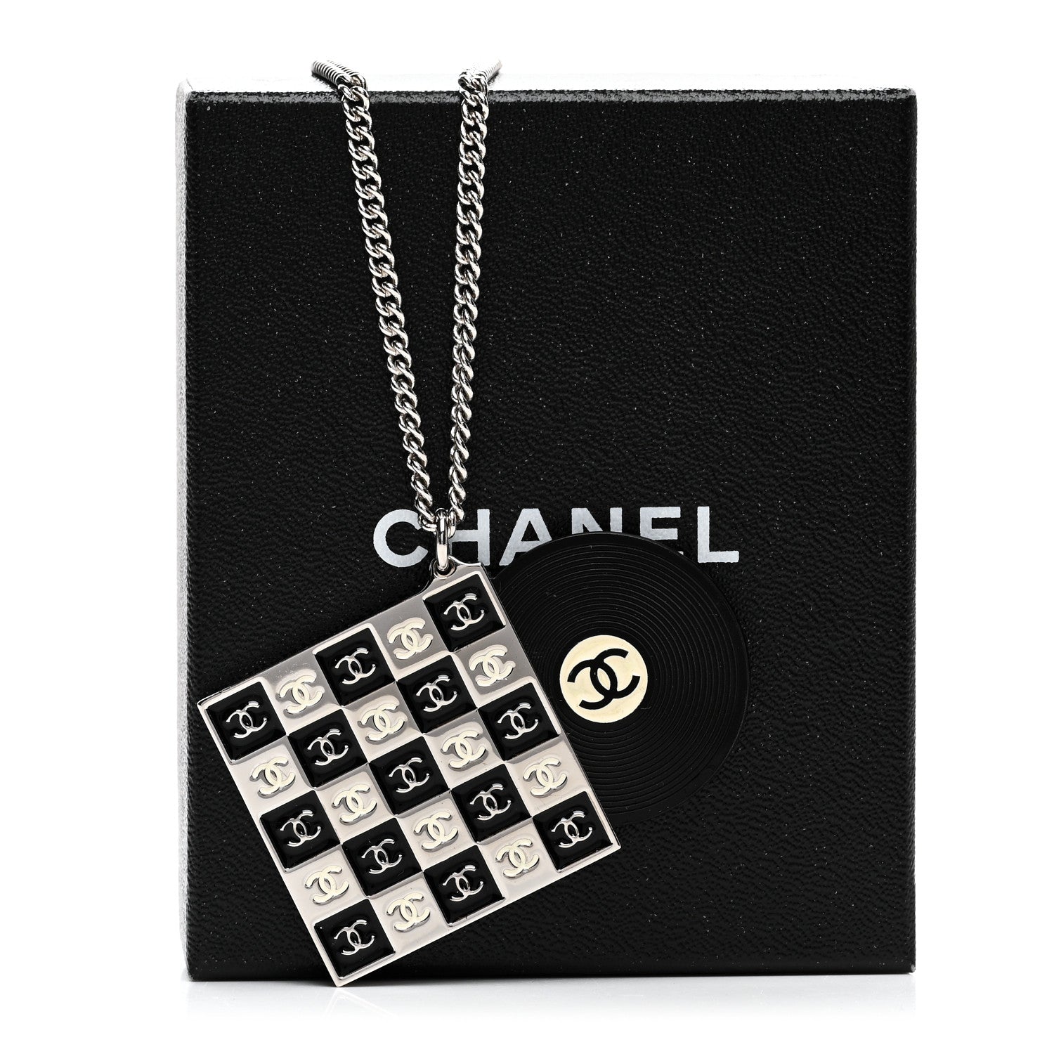 Chanel Metal Resin CC Vinyl Record Player Necklace Black White 6 of 6