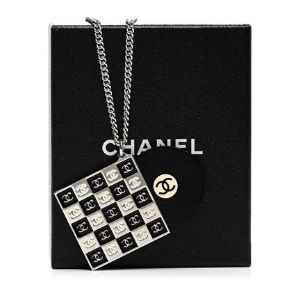 Chanel Metal Resin CC Vinyl Record Player Necklace Black White 6 of 6