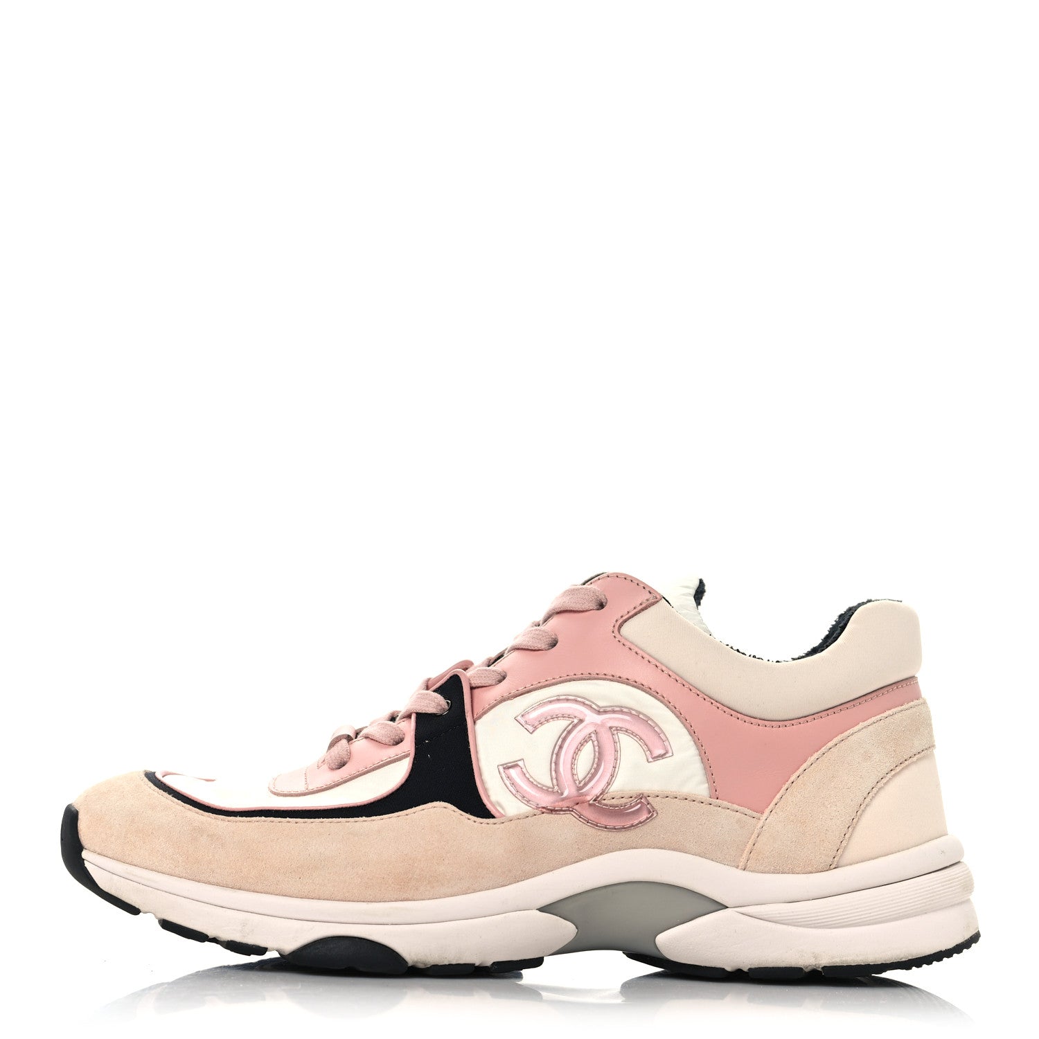 Chanel Nylon Lambskin Suede Calfskin CC Sneakers 39.5 Pink White Black 1 of 8