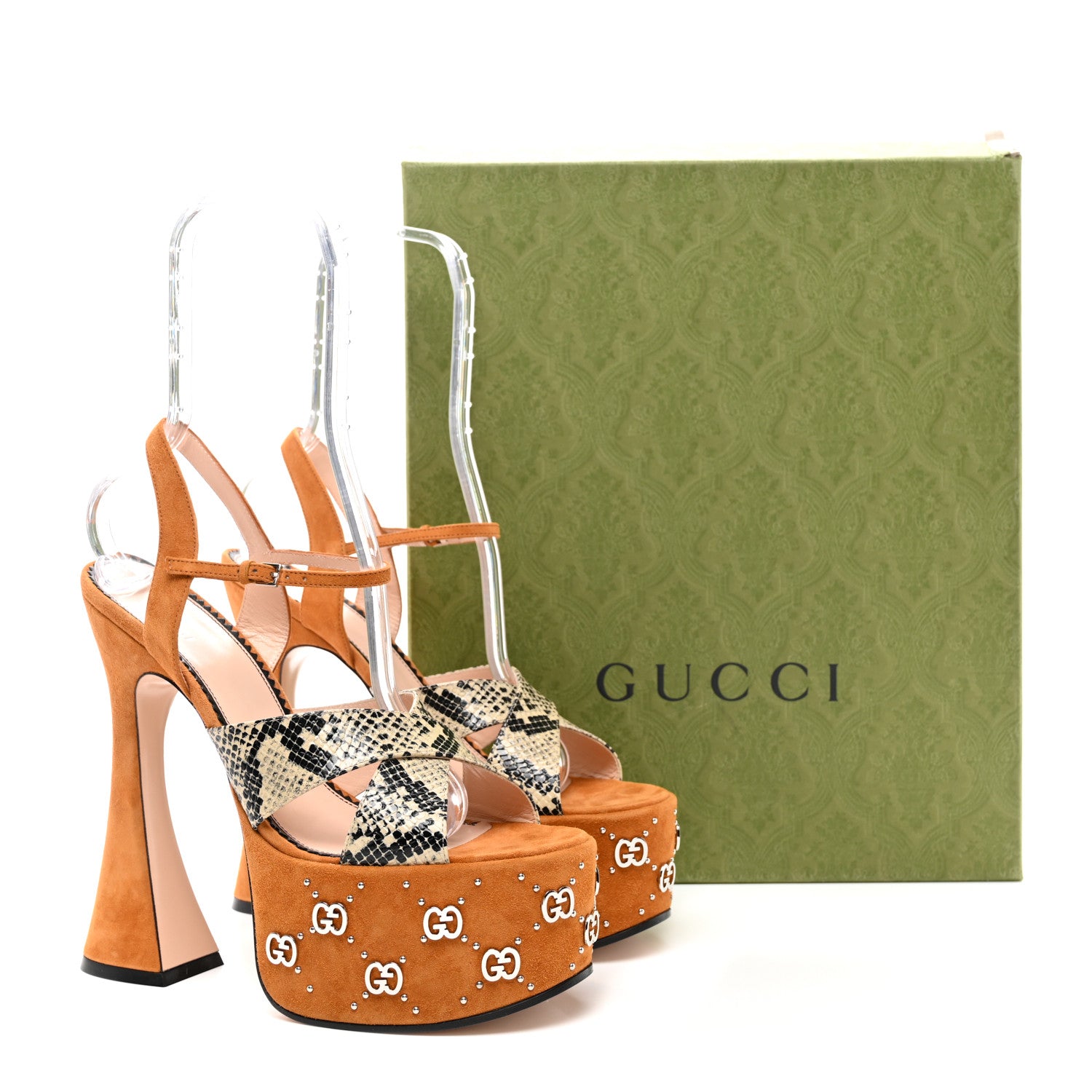 Gucci Malaga Kid Suede Snakeskin Interlocking G Studs 155mm Platform Sandals 40 Beige Cognac 7 of 7