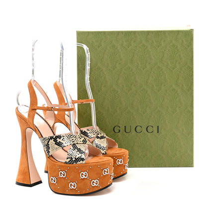 Gucci Malaga Kid Suede Snakeskin Interlocking G Studs 155mm Platform Sandals 40 Beige Cognac 7 of 7