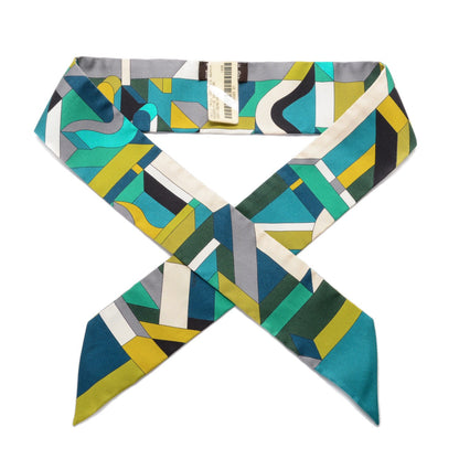 Hermes Silk Perspective Cavaliere Twilly Vert Creme Gris 1 of 6