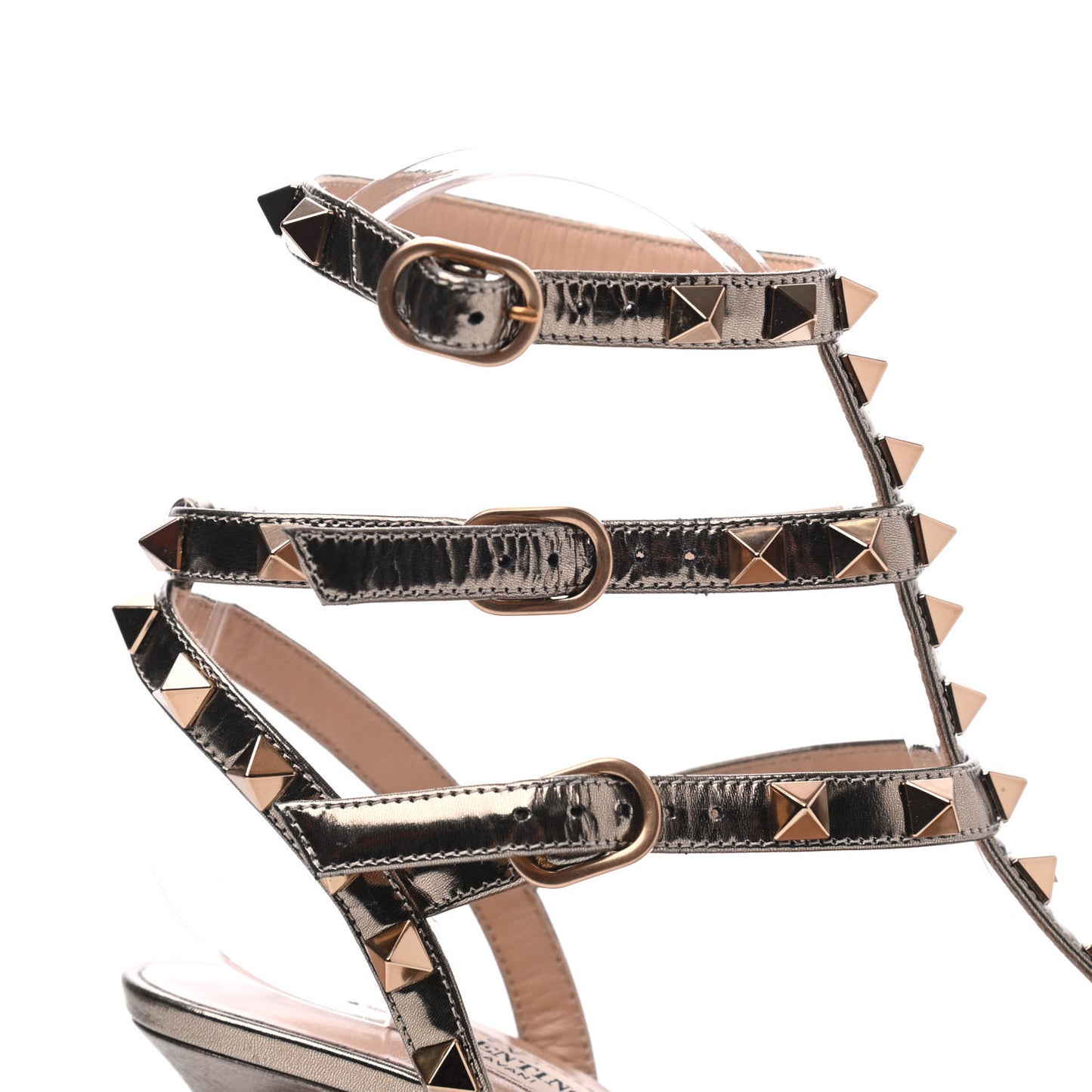 Metallic Pebbled Calfskin Patent Rockstud Ankle Strap 65mm Pumps 35 Sasso