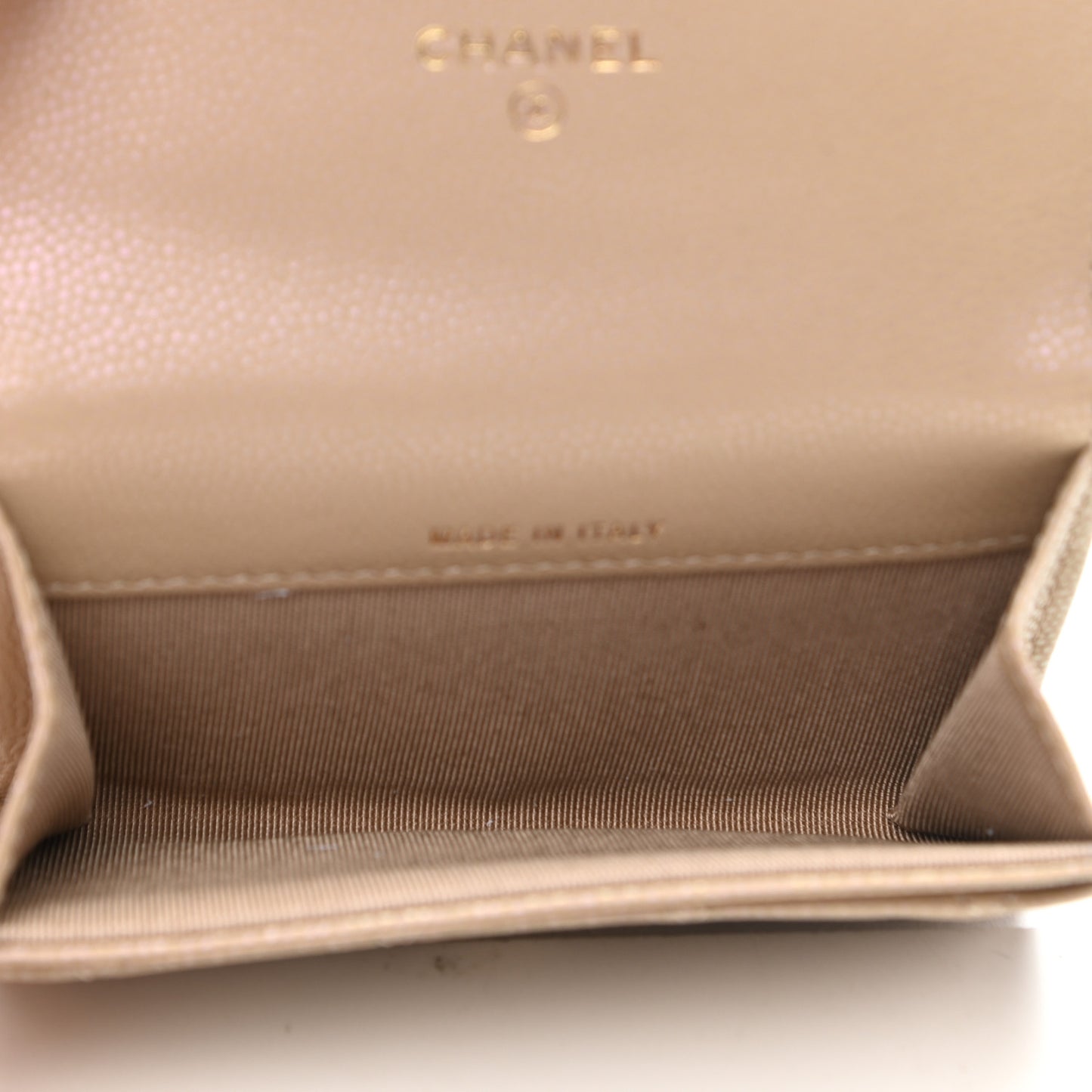 Iridescent Calfskin Quilted Flap Card Holder Wallet Beige