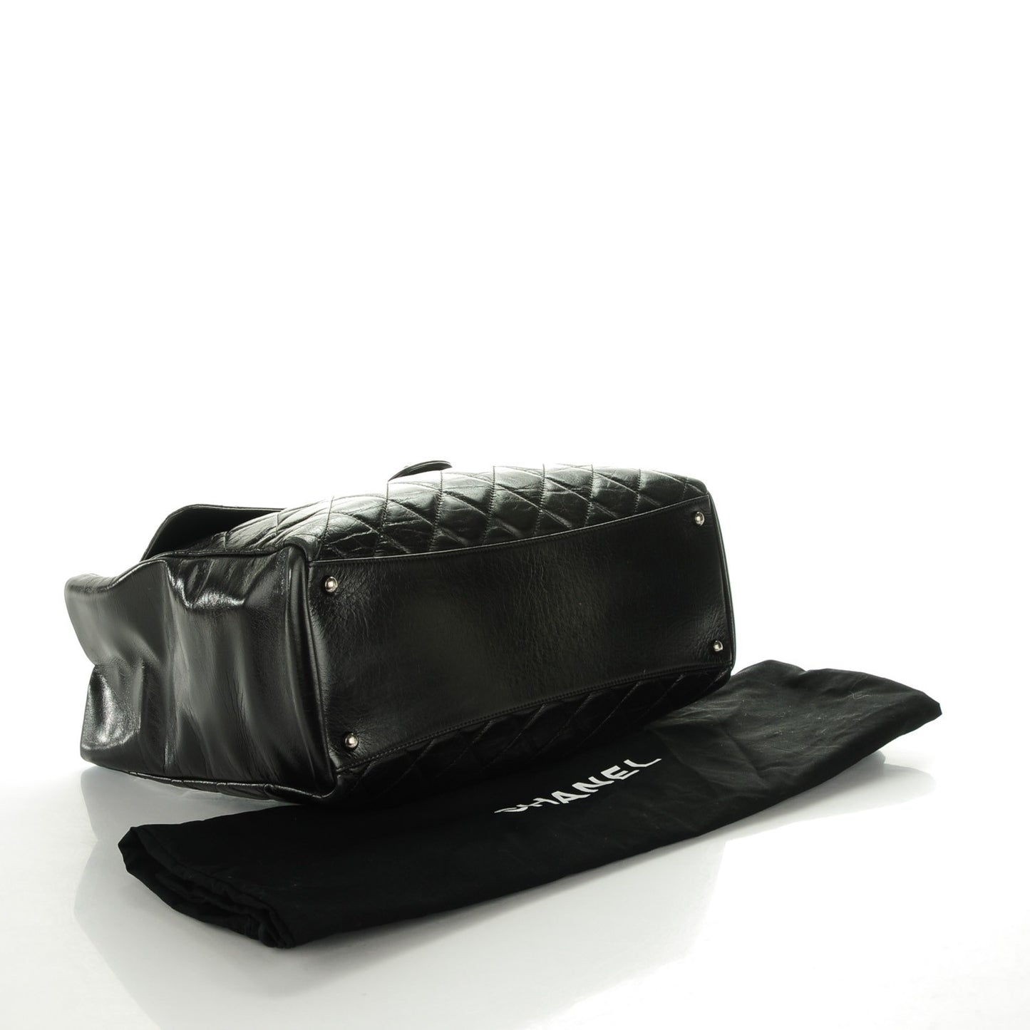 Glazed Calfskin Quilted Large Duo Color Tote Black